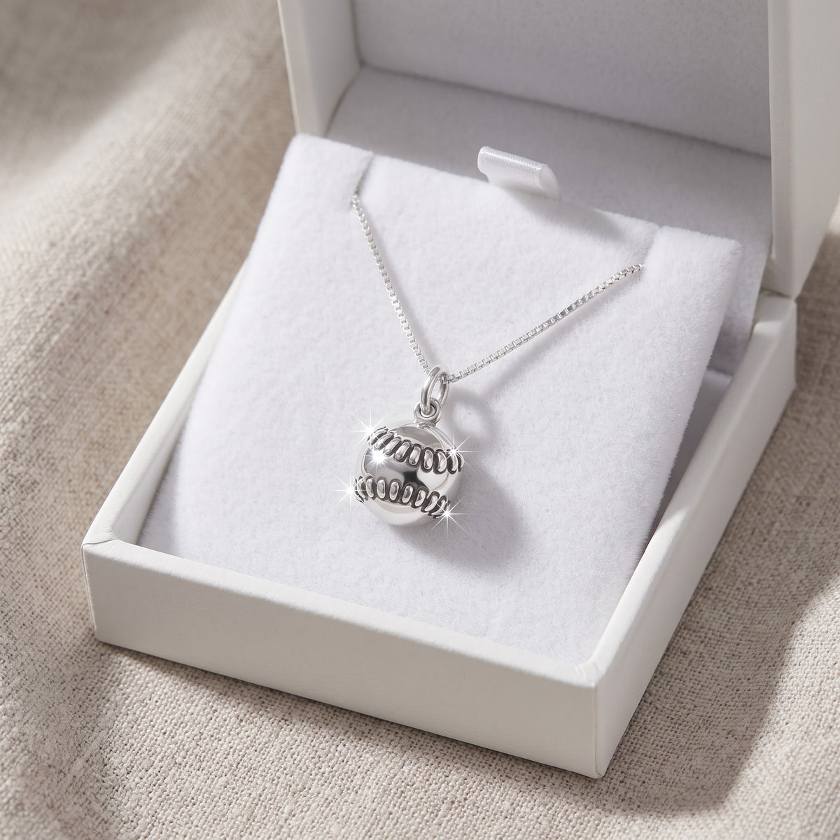 Sterling Silver Baseball Charm Necklace, 18" in a white gift box, ready to give