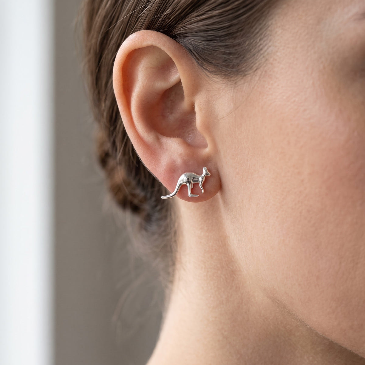 Sterling Silver Kangaroo Women's Stud Earrings Girls Kangaroo Studs worn, lifestyle photo