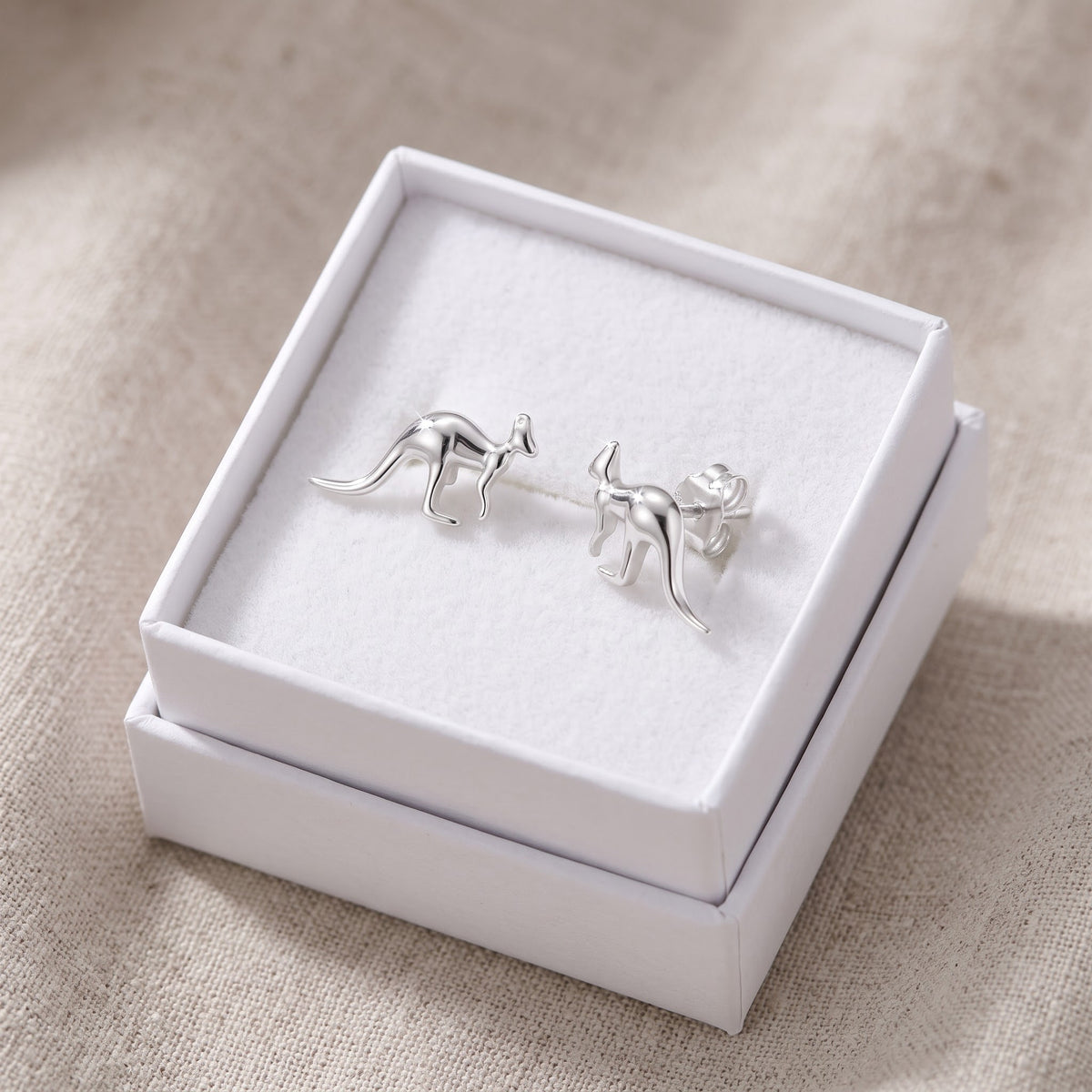 Sterling Silver Kangaroo Women's Stud Earrings Girls Kangaroo Studs in a white gift box, ready to give