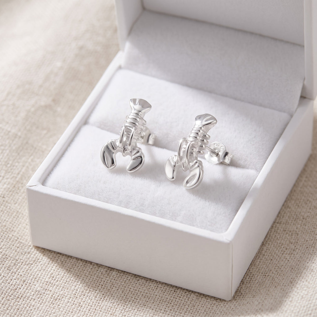 Sterling Silver Ocean Lobster Women's Stud Earrings Girls Lobster Studs in a white gift box, ready to give