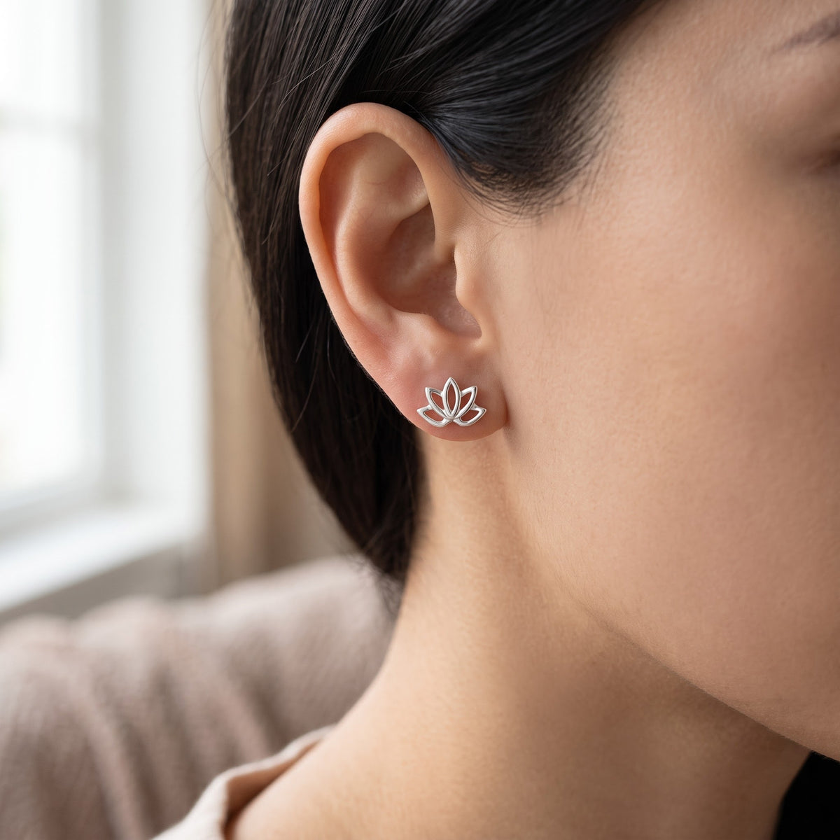 Sterling Silver Bali Lotus Flower Women's stud Earrings Girls Lotus Flower studs worn, lifestyle photo