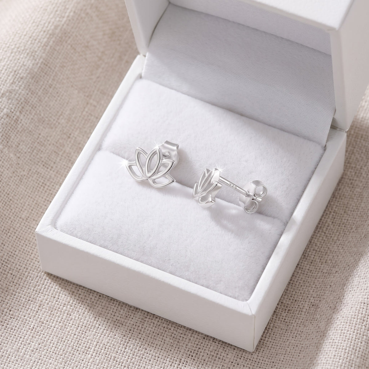 Sterling Silver Bali Lotus Flower Women's stud Earrings Girls Lotus Flower studs in a white gift box, ready to give