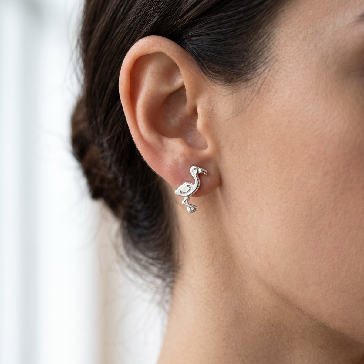 Sterling Silver Tropical Bird Women's Stud Earrings Girls Flamingo studs worn, lifestyle photo