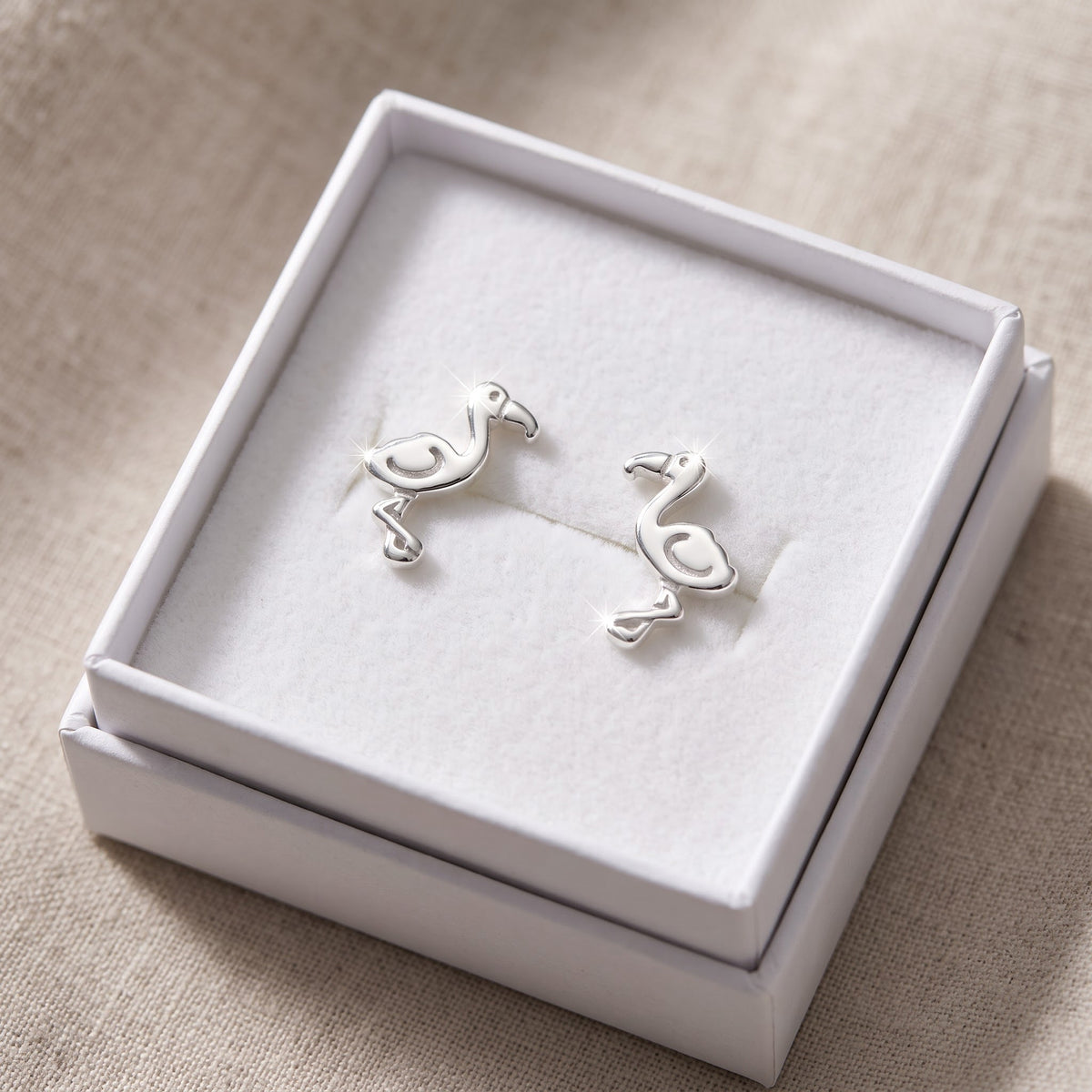 Sterling Silver Tropical Bird Women's Stud Earrings Girls Flamingo studs in a white gift box, ready to give