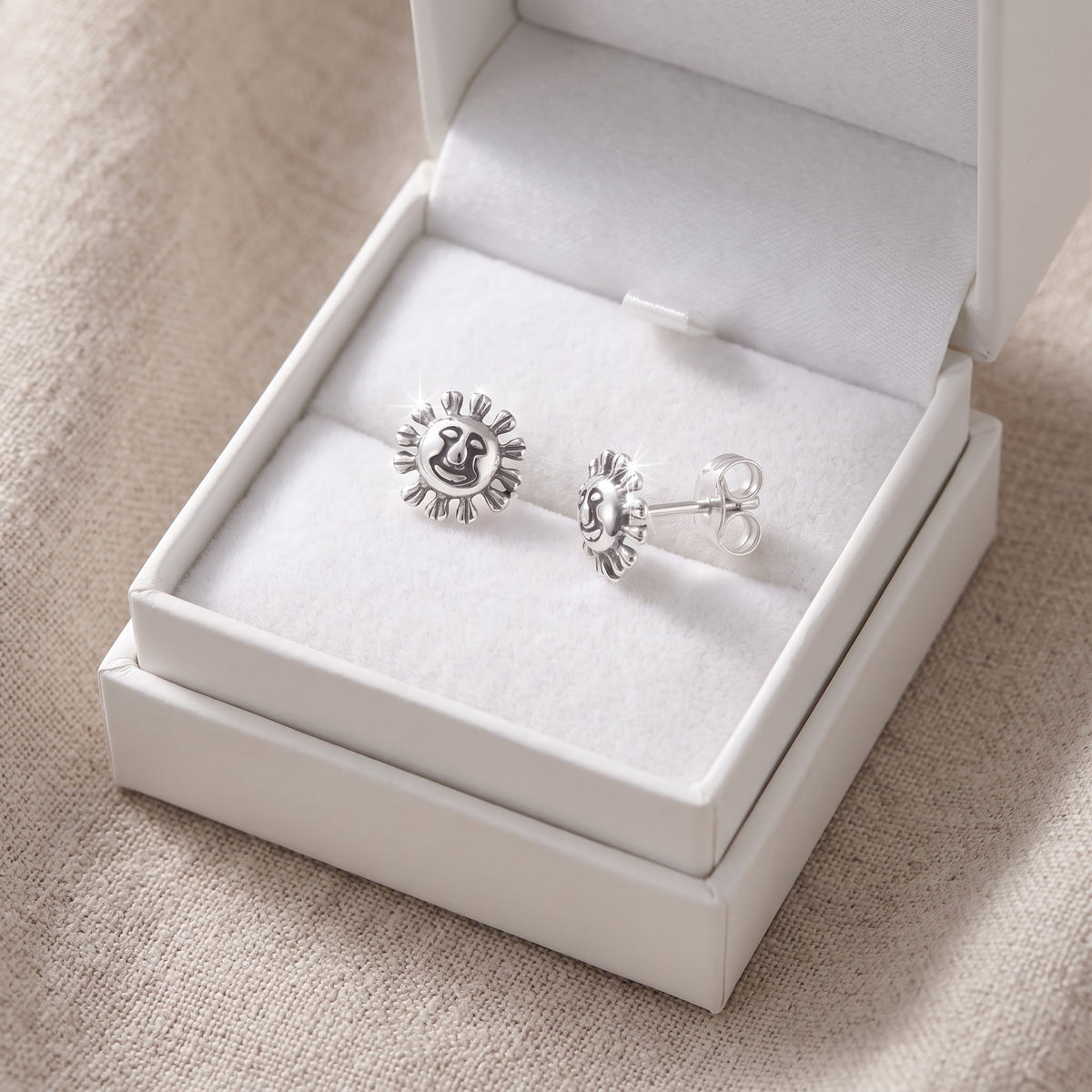 Sterling Silver Happy Sunshine Women's stud Earrings Girls Smiling Sun Studs in a white gift box, ready to give