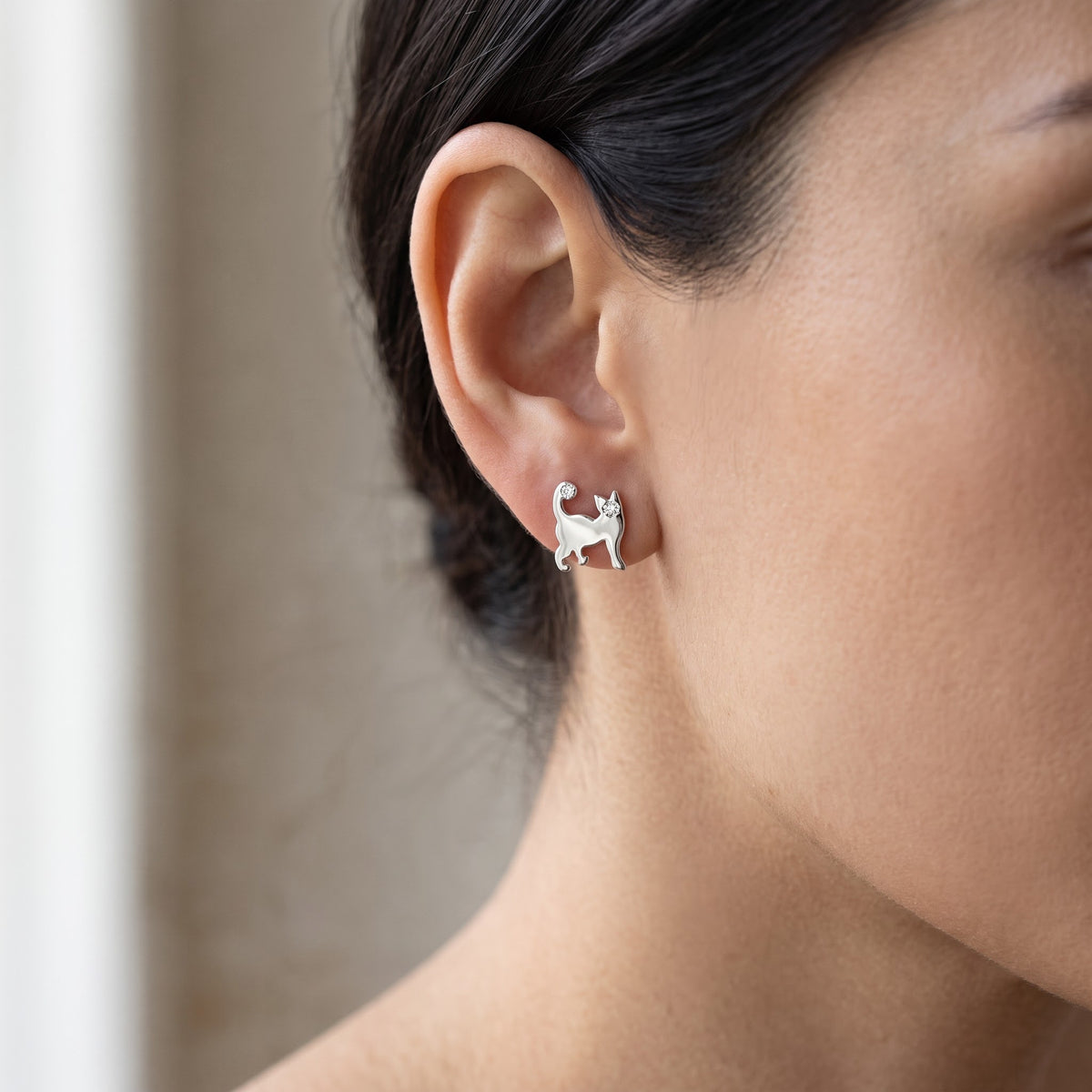 Sterling Silver Small Kitty Cat Women's Stud Earrings Girls Cat Studs worn, lifestyle photo