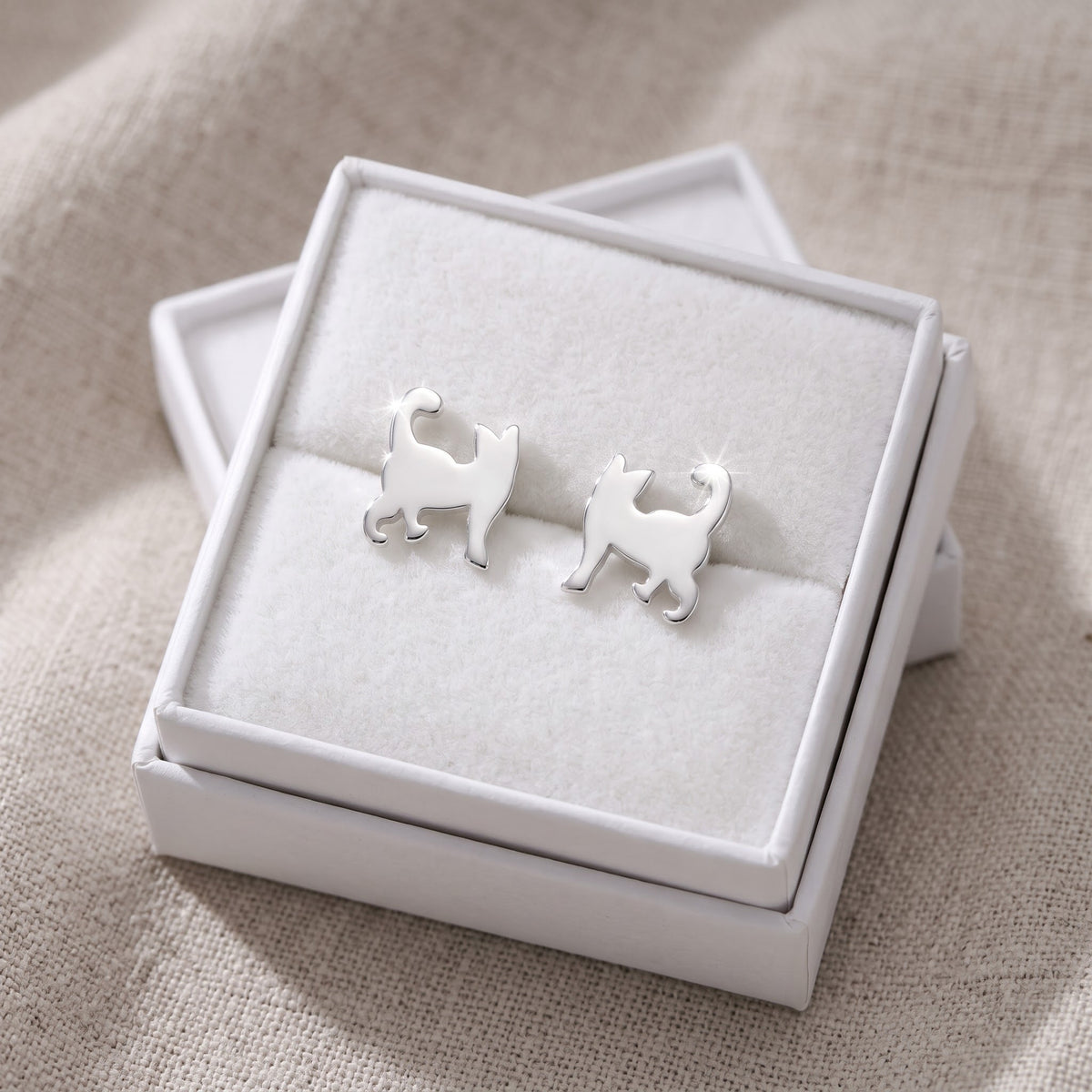 Sterling Silver Small Kitty Cat Women's Stud Earrings Girls Cat Studs in a white gift box, ready to give
