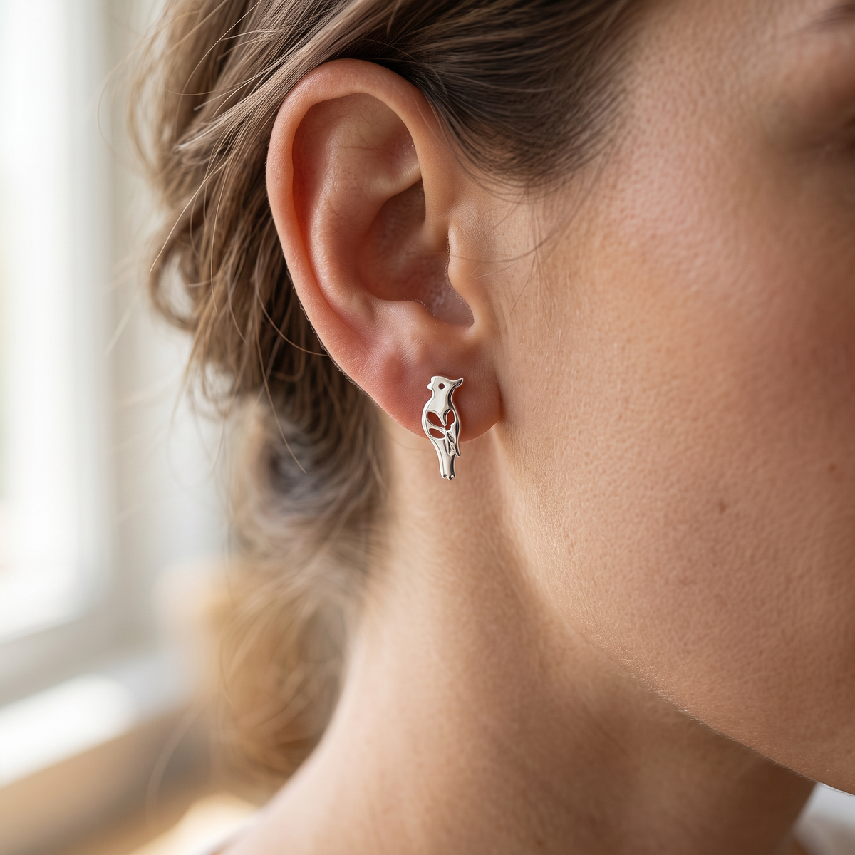 Sterling Silver Parrot Tropical Bird Women's Stud Earrings Girls Parrot studs worn, lifestyle photo