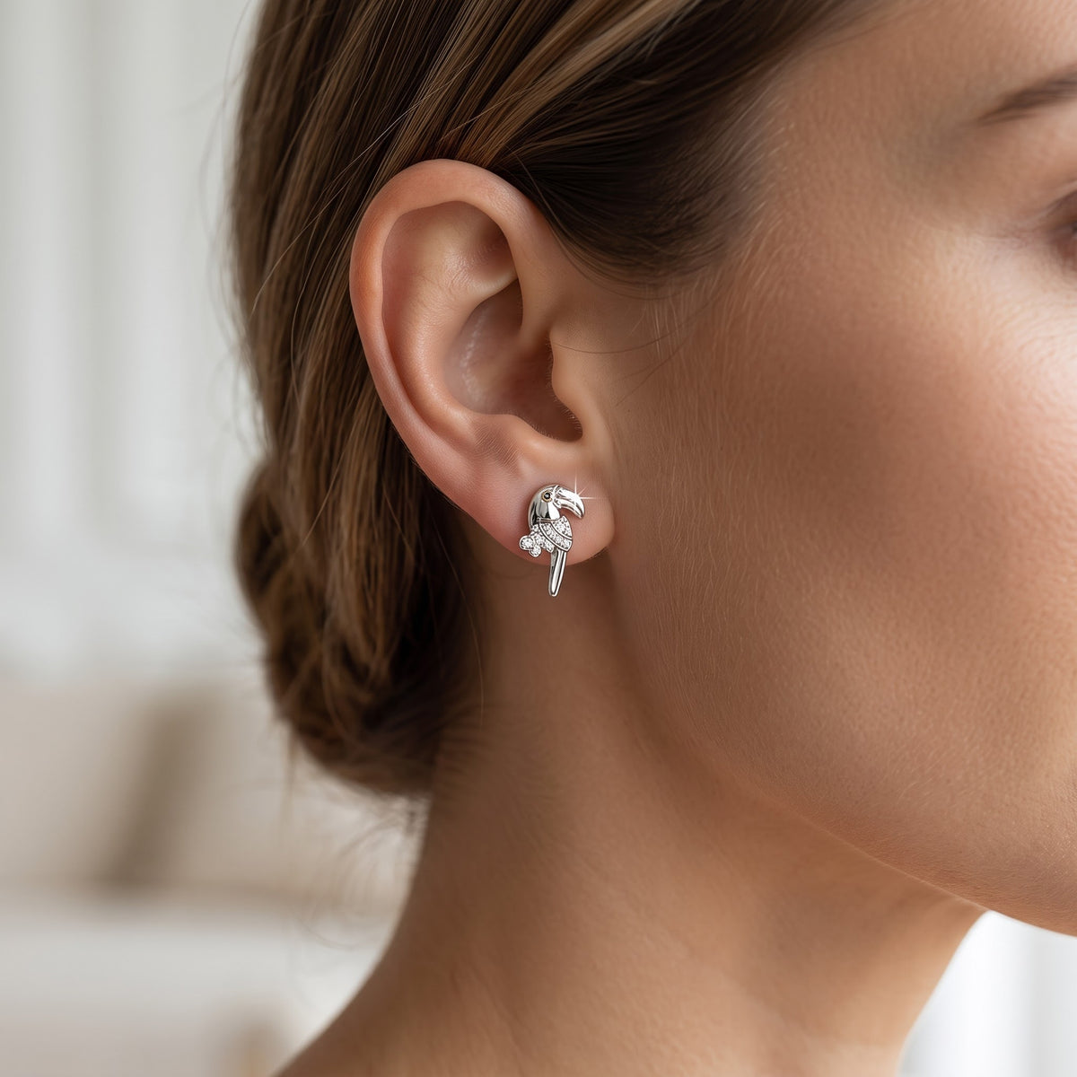 Sterling Silver Toucan Tropical Bird Women's Stud Earrings Girls Tucan studs worn, lifestyle photo