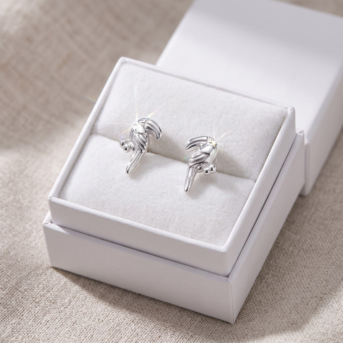 Sterling Silver Toucan Tropical Bird Women's Stud Earrings Girls Tucan studs in a white gift box, ready to give