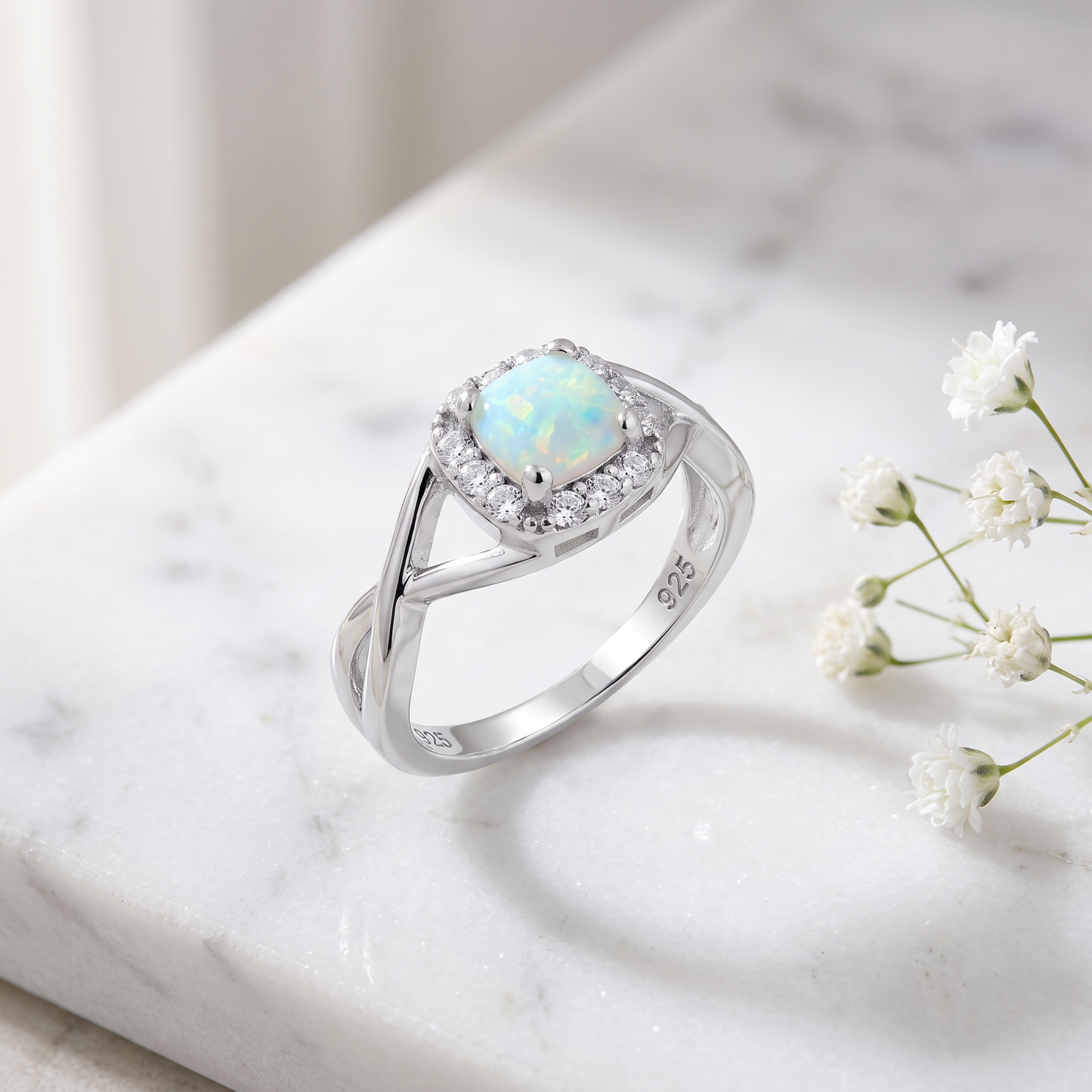 Sterling Silver Square White Lab Opal CZ Ring on marble