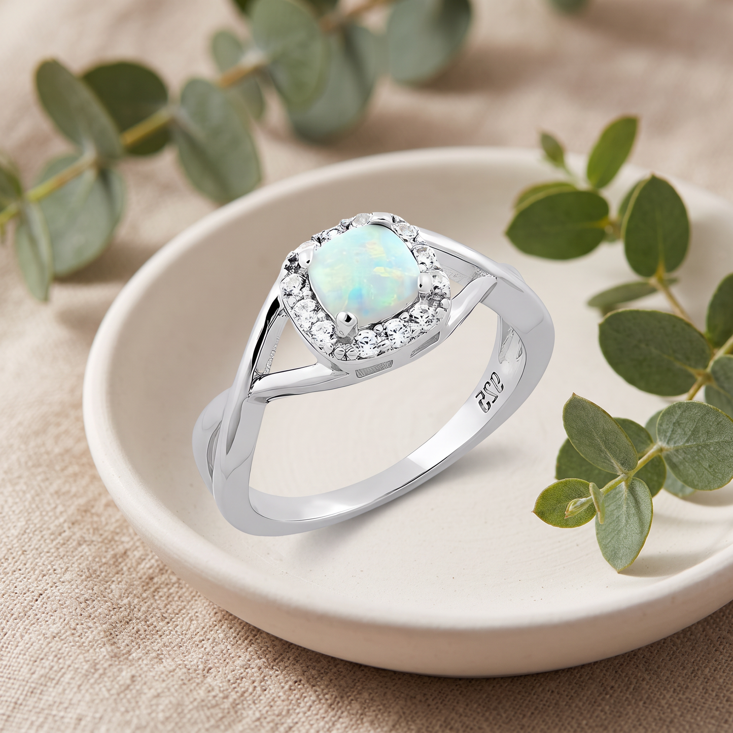 Sterling Silver Square White Lab Opal CZ Ring styled