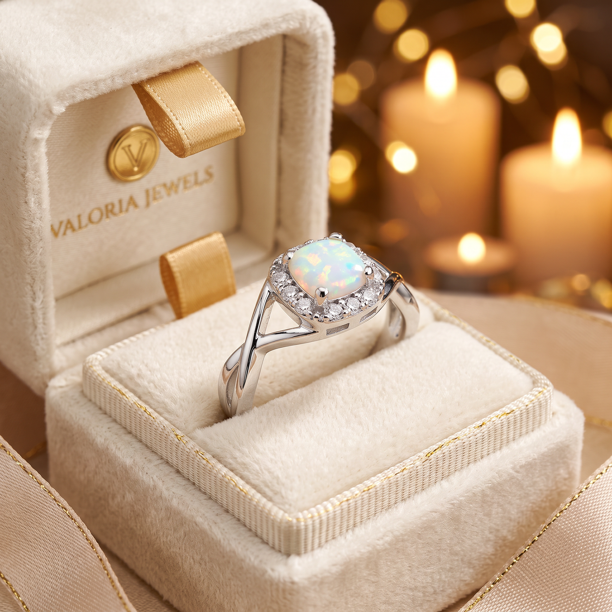 Sterling Silver Square White Lab Opal CZ Ring gift box