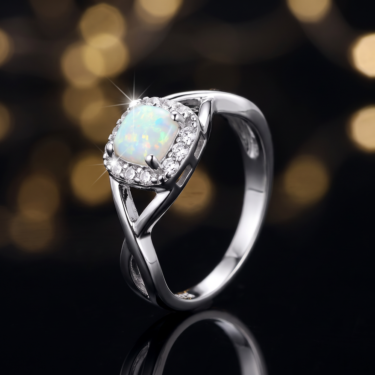 Sterling Silver Square White Lab Opal CZ Ring close-up