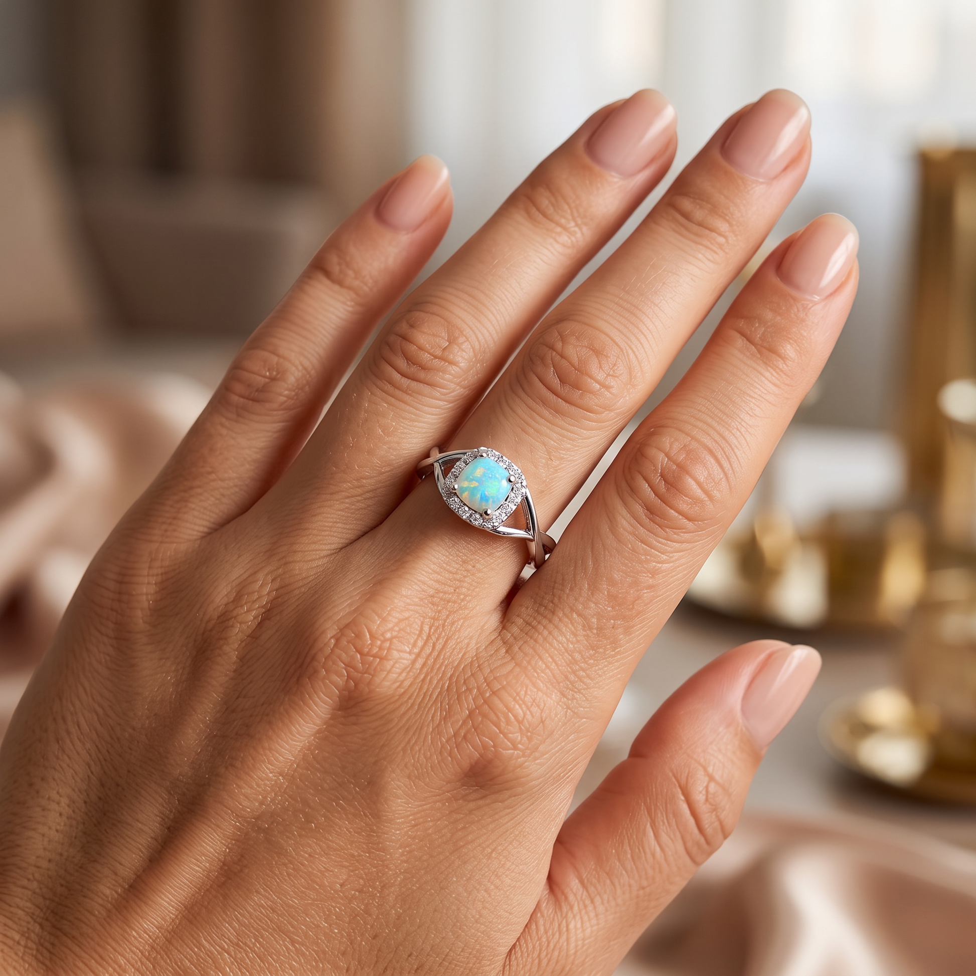 Sterling Silver Square White Lab Opal CZ Ring worn on hand