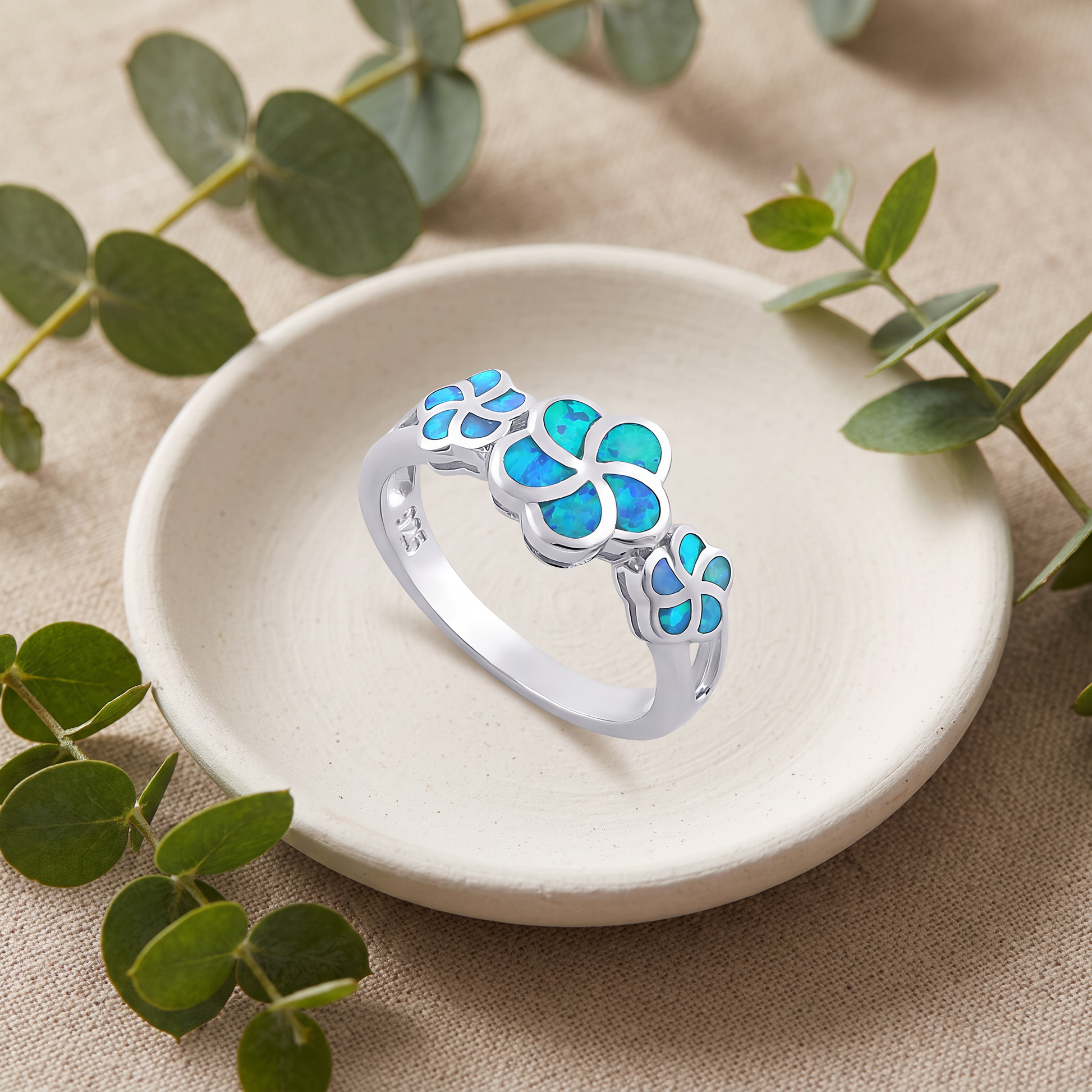 Sterling Silver Lab Opal Plumeria Ring styled