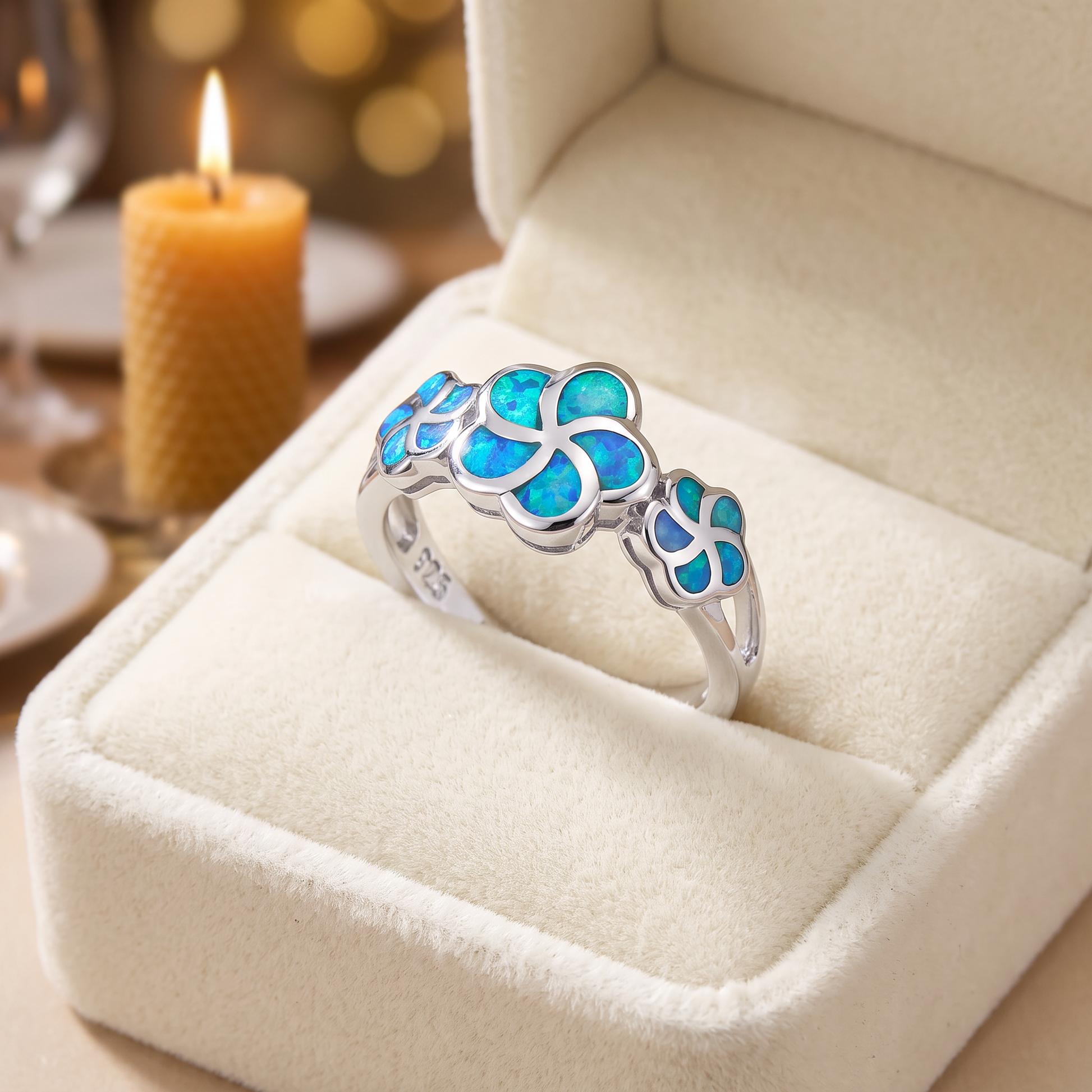 Sterling Silver Lab Opal Plumeria Ring gift box