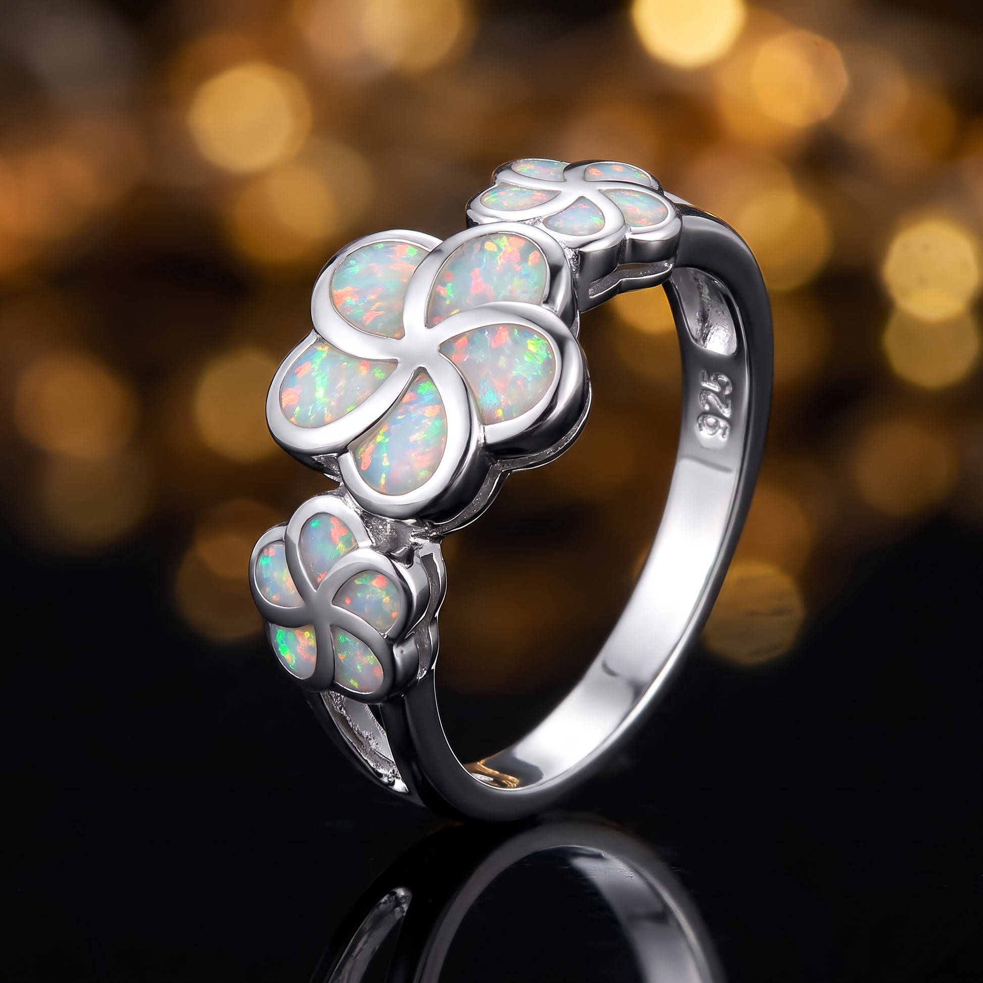 Sterling Silver Lab Opal Plumeria Ring close-up