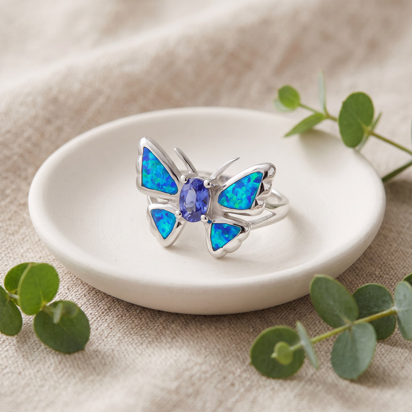 Sterling Silver Lab Opal Butterfly Tanzanite CZ Ring styled