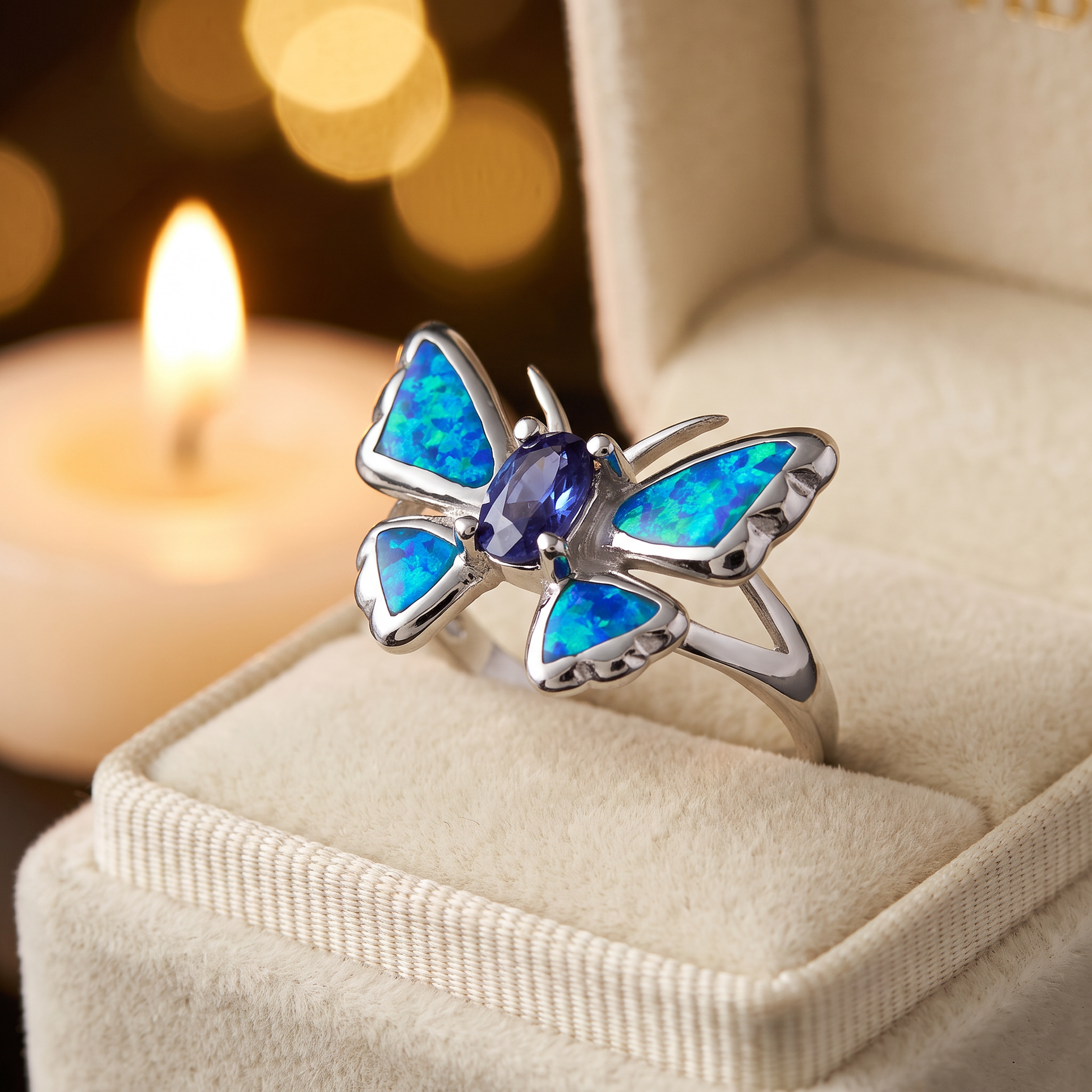 Sterling Silver Lab Opal Butterfly Tanzanite CZ Ring gift box