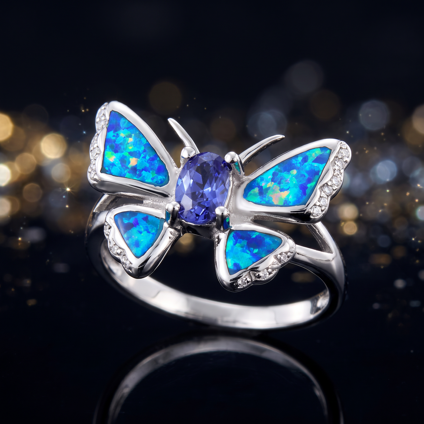Sterling Silver Lab Opal Butterfly Tanzanite CZ Ring close-up