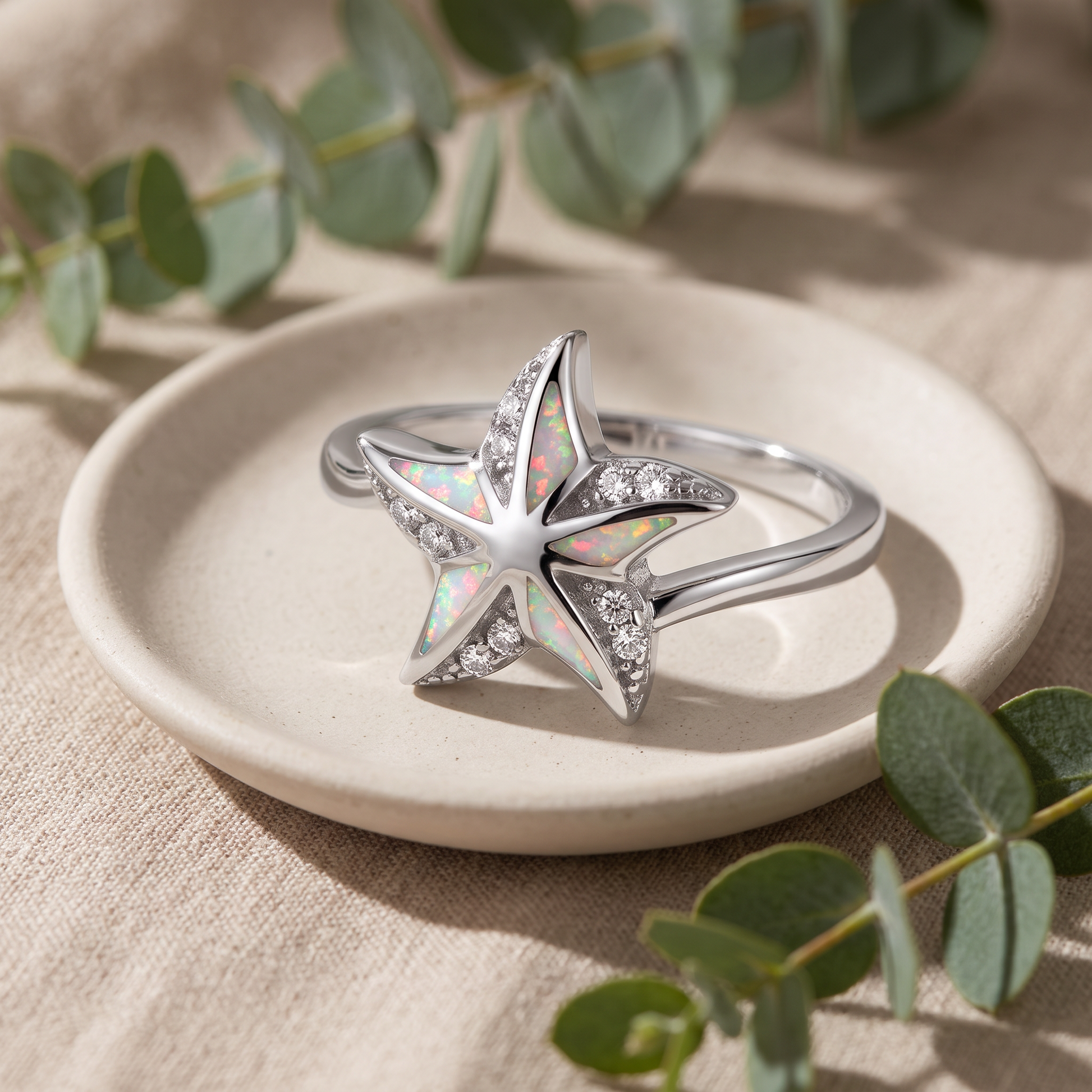 Sterling Silver Star Lab Opal CZ Ring styled