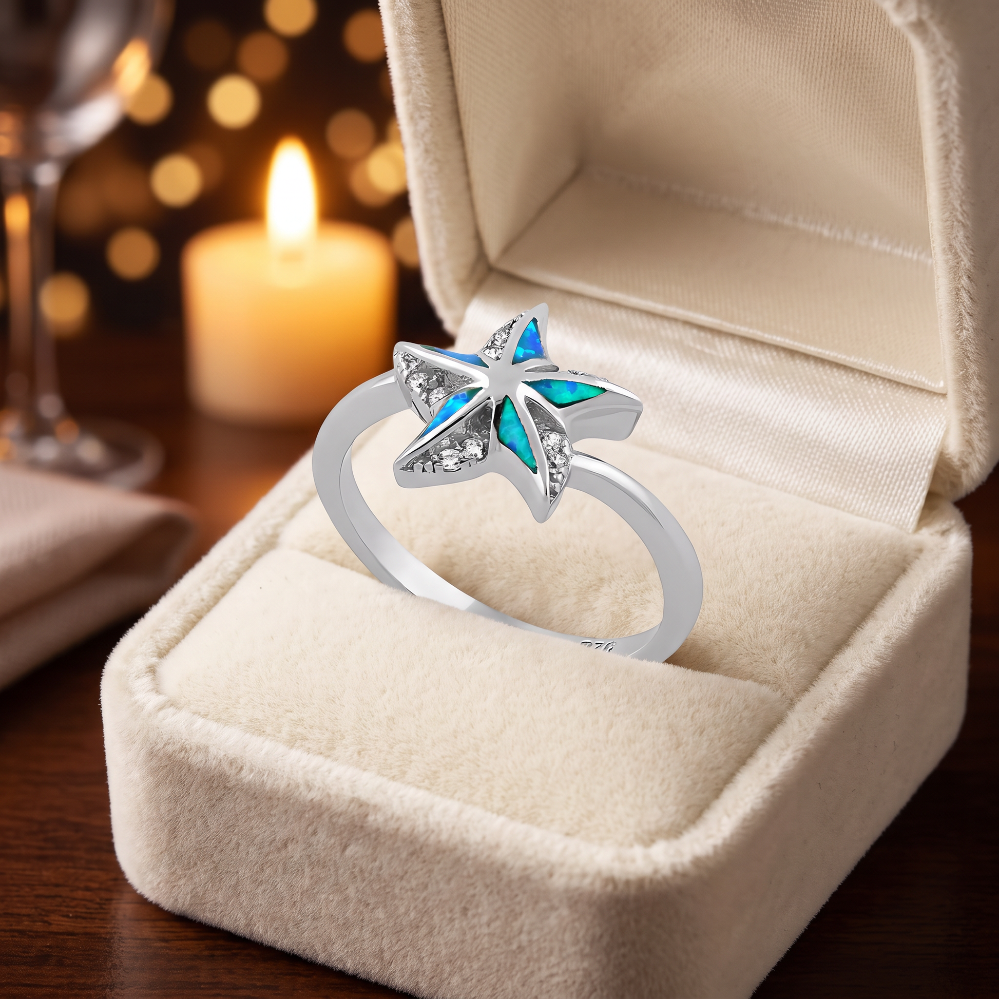 Sterling Silver Star Lab Opal CZ Ring gift box