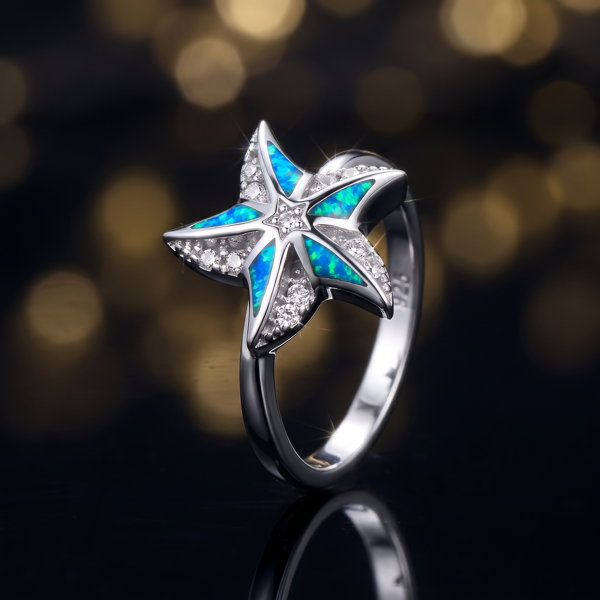 Sterling Silver Star Lab Opal CZ Ring close-up