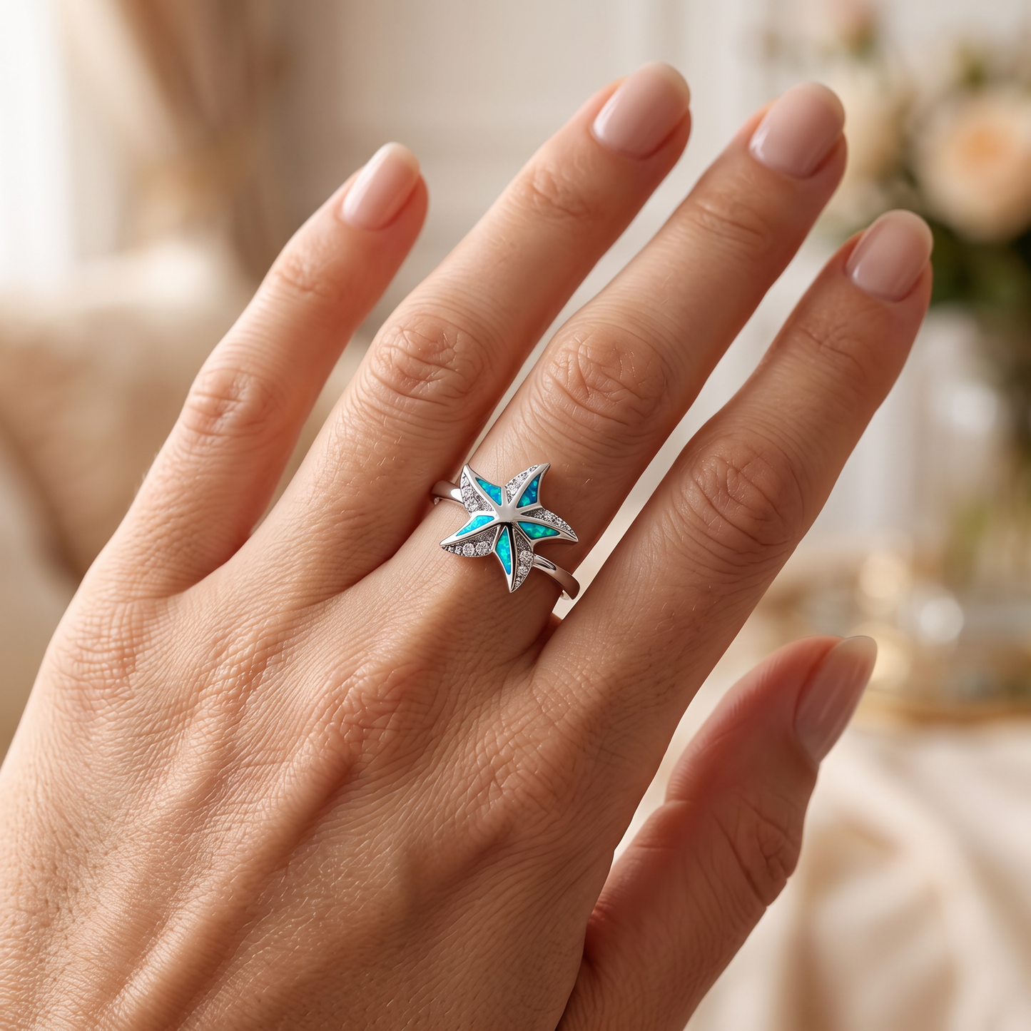 Sterling Silver Star Lab Opal CZ Ring worn on hand