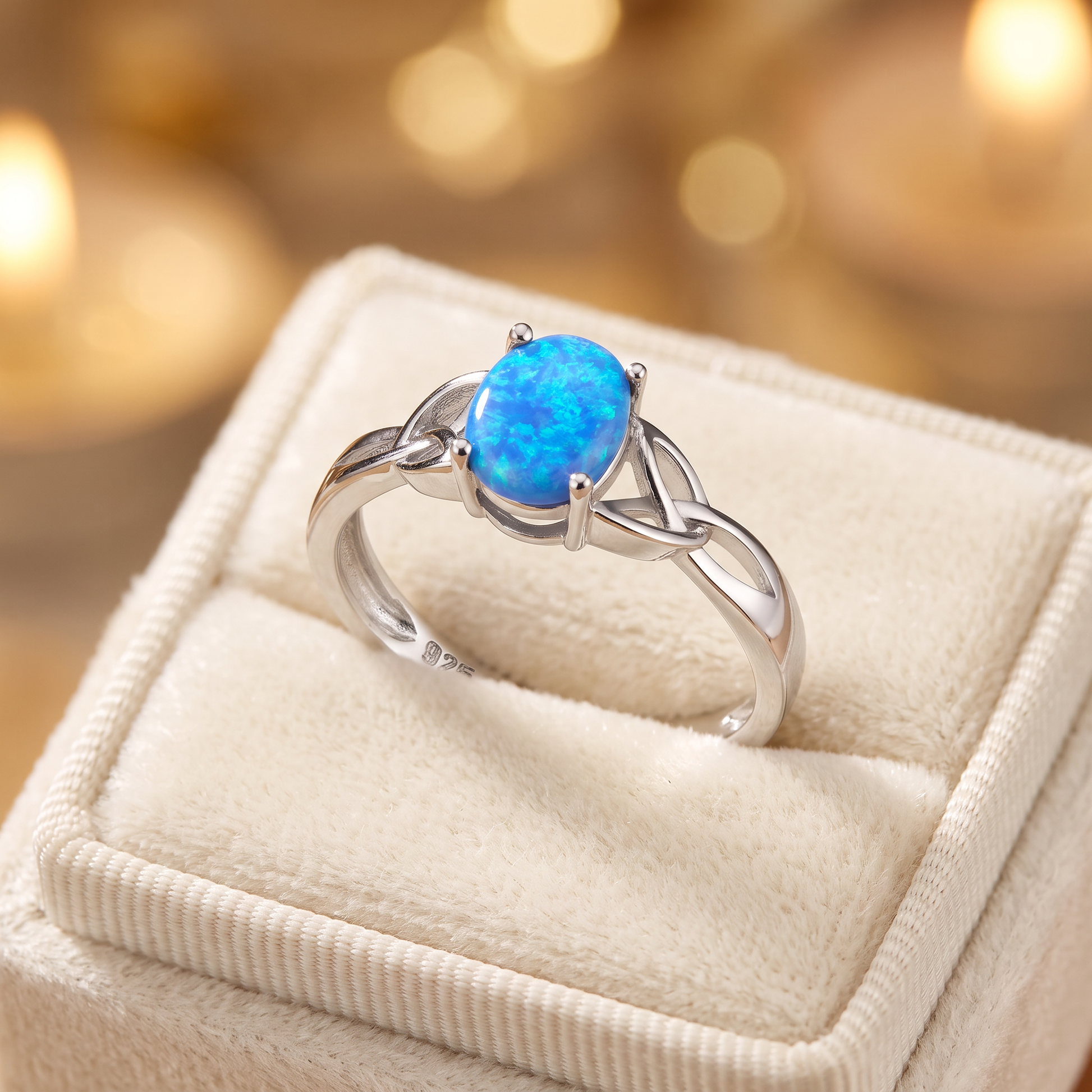Sterling Silver Center Stone Charmed Blue Lab Opal Ring gift box