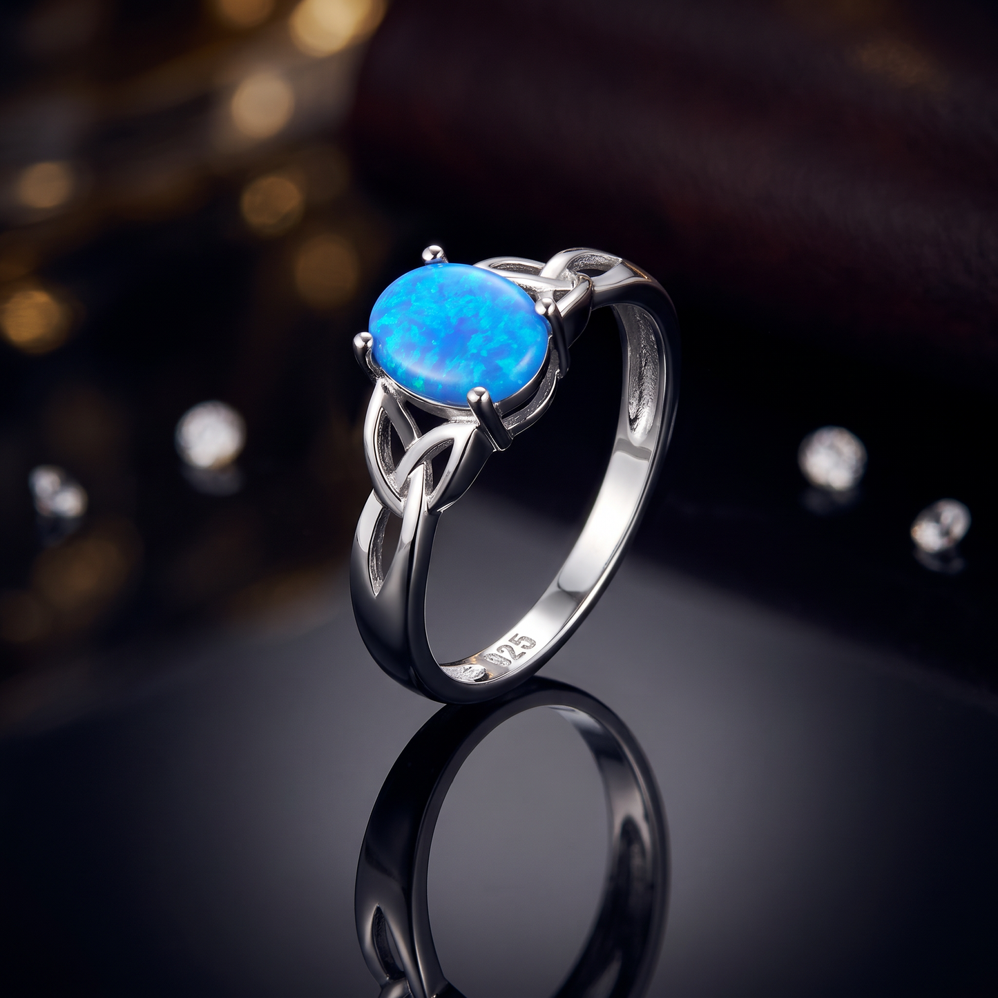Sterling Silver Center Stone Charmed Blue Lab Opal Ring close-up