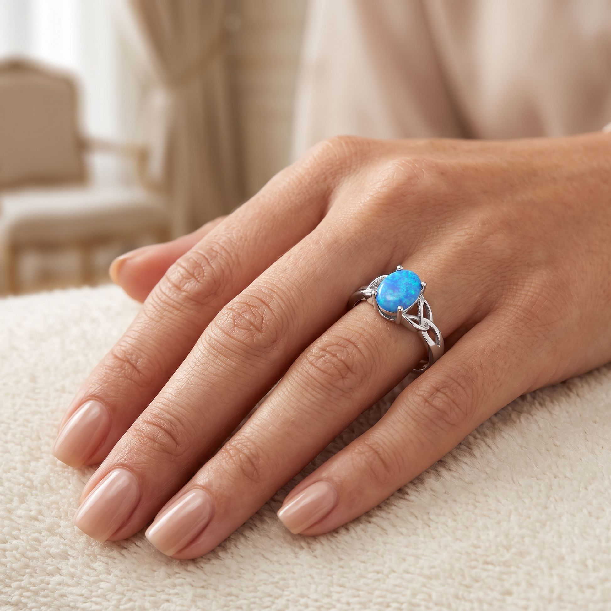Sterling Silver Center Stone Charmed Blue Lab Opal Ring worn on hand