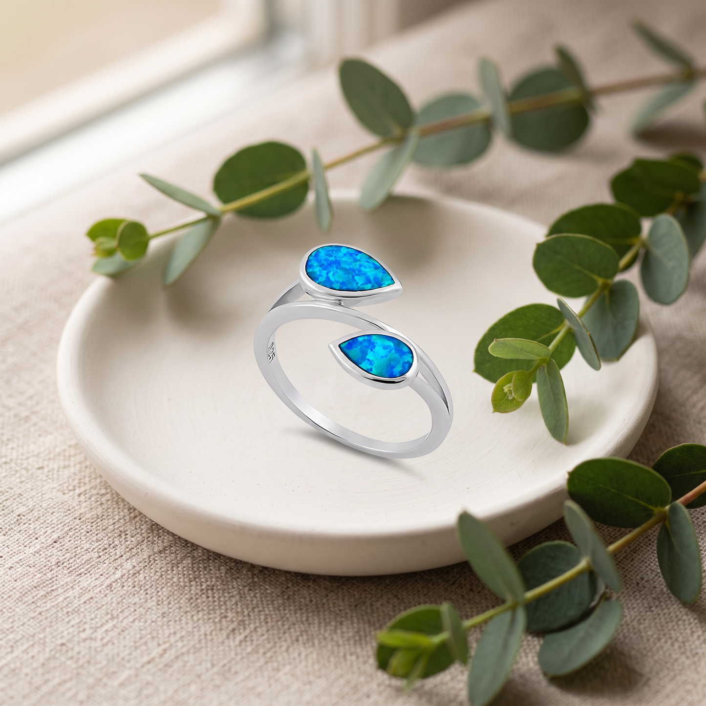 Sterling Silver Feather Blue Lab Opal Ring styled