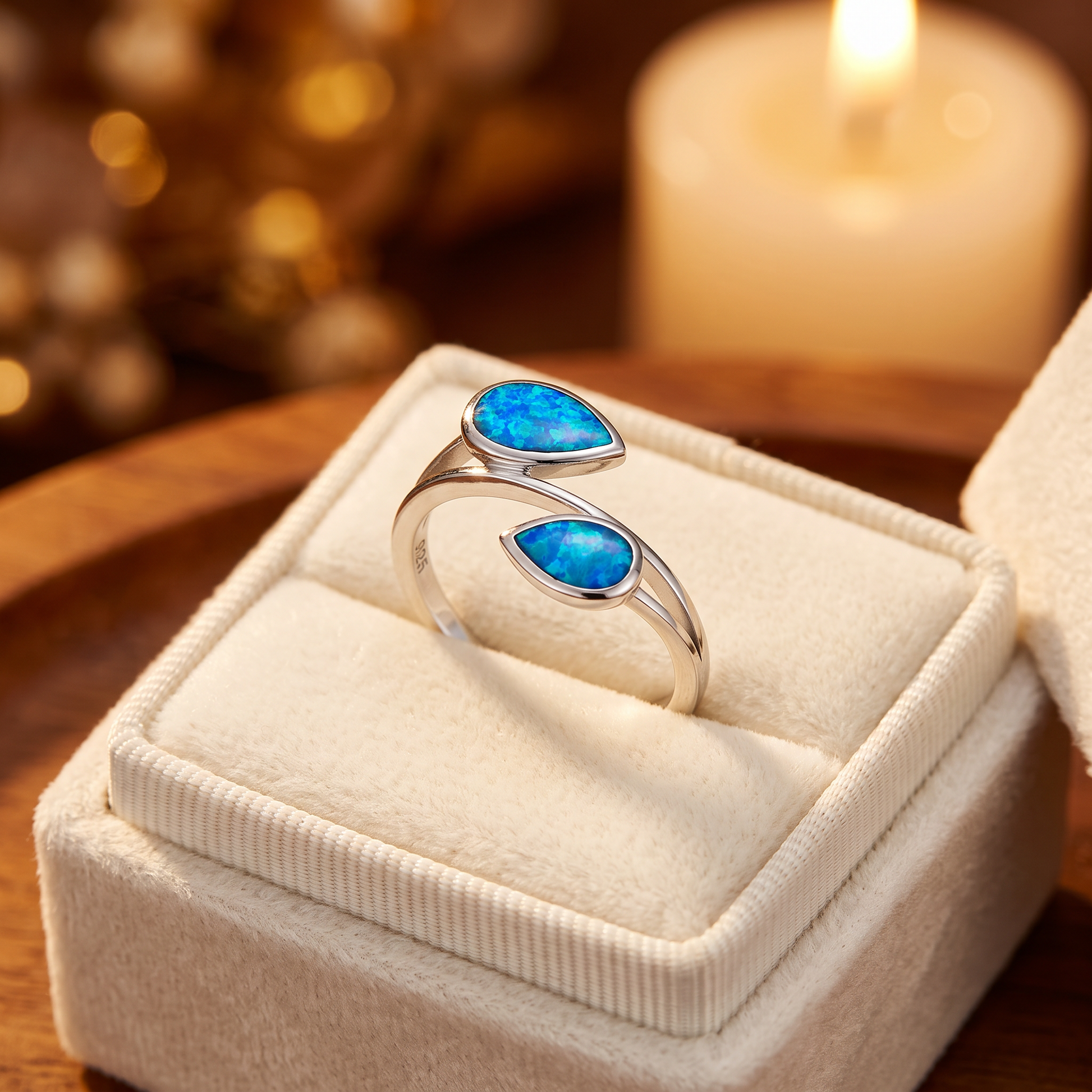 Sterling Silver Feather Blue Lab Opal Ring gift box