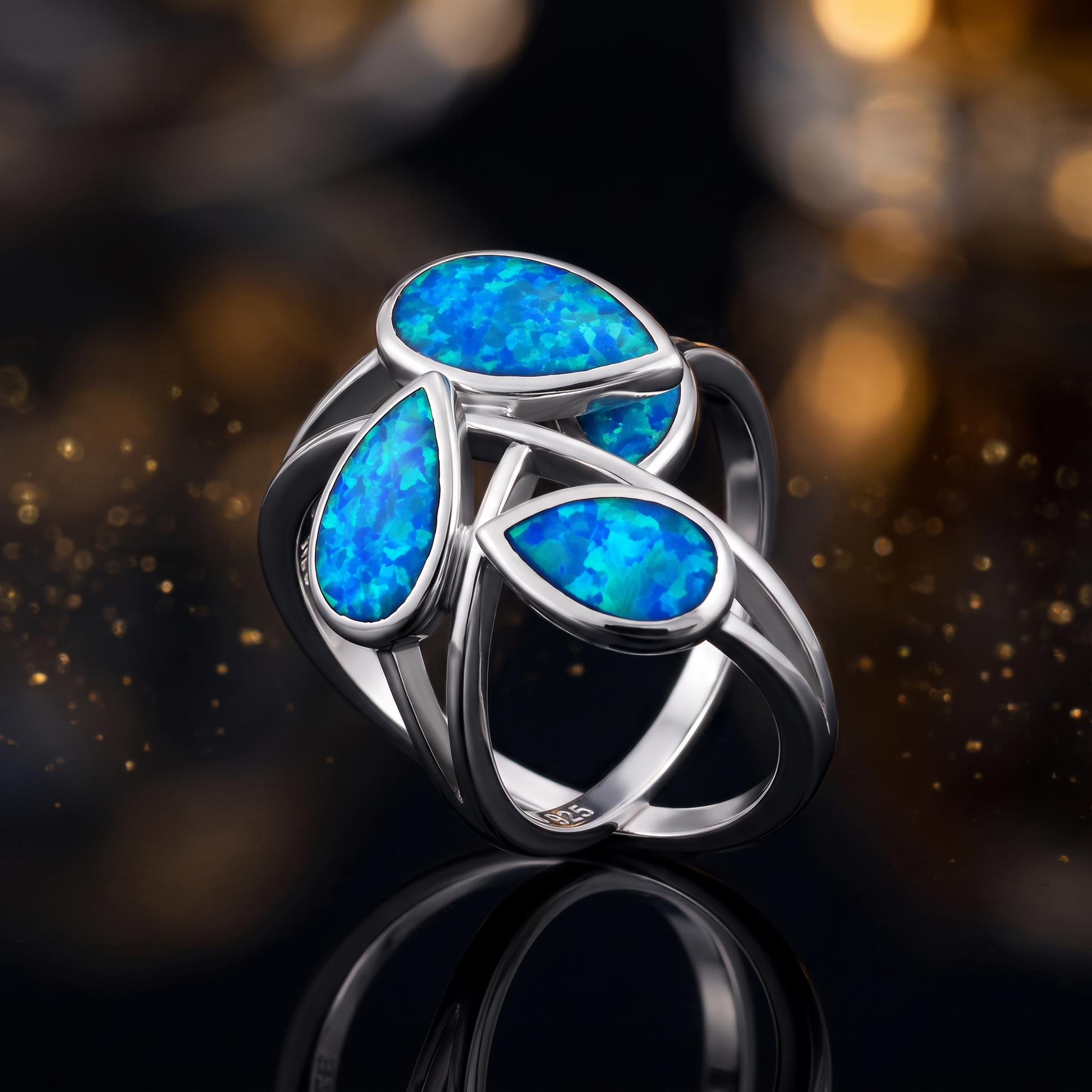 Sterling Silver Feather Blue Lab Opal Ring close-up