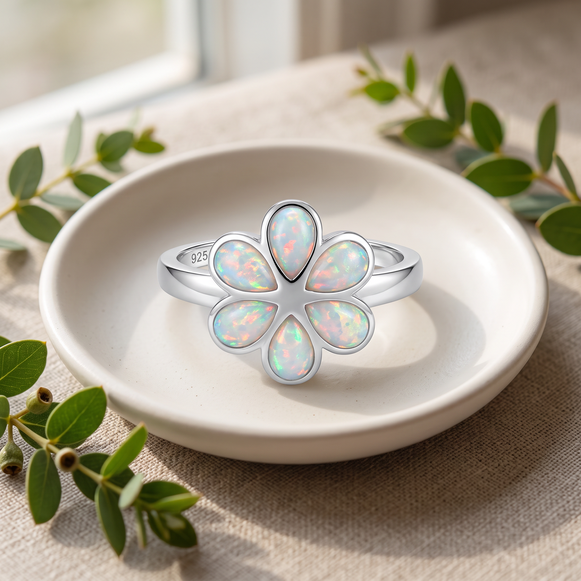 Sterling Silver Plumeria Lab Opal Ring styled