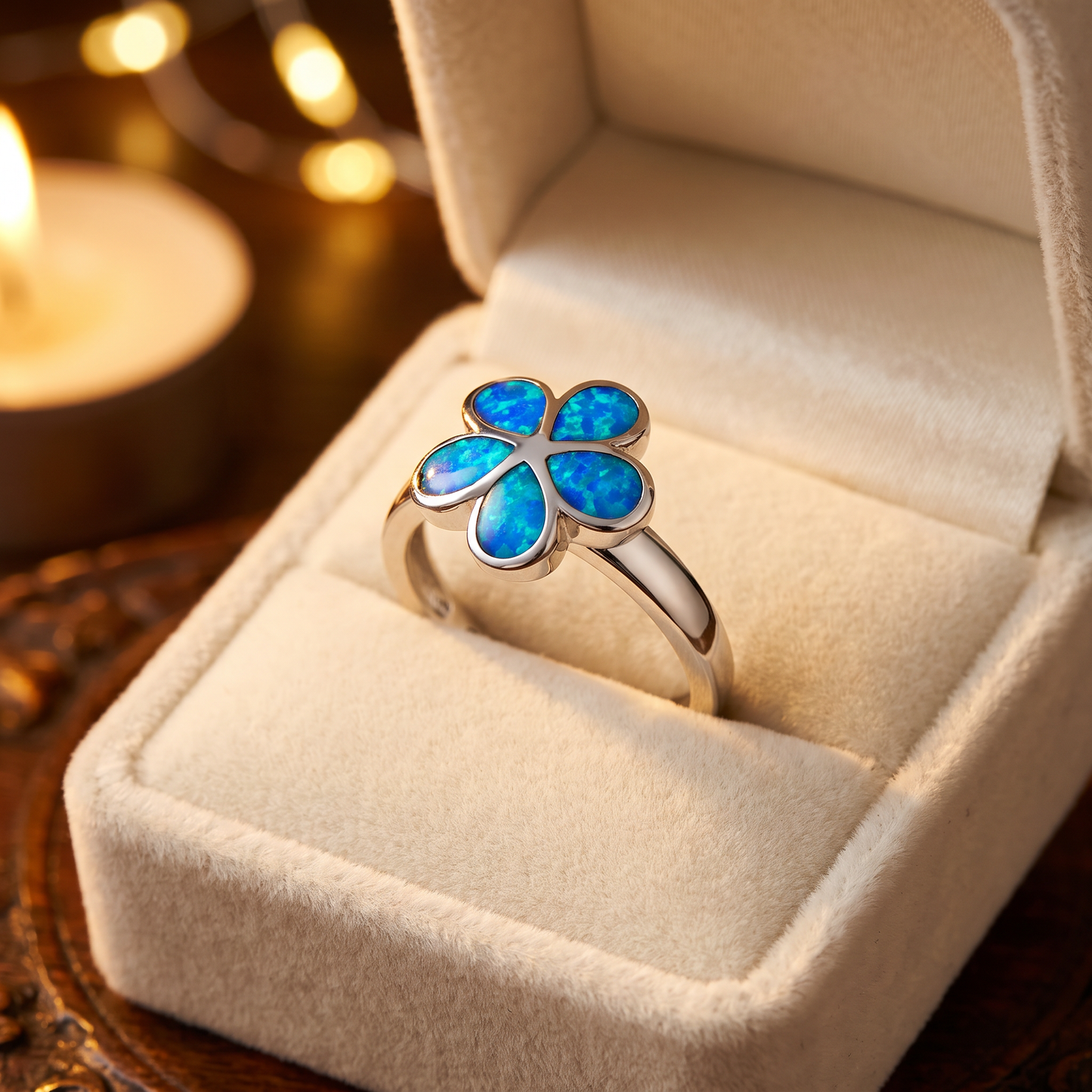 Sterling Silver Plumeria Lab Opal Ring gift box
