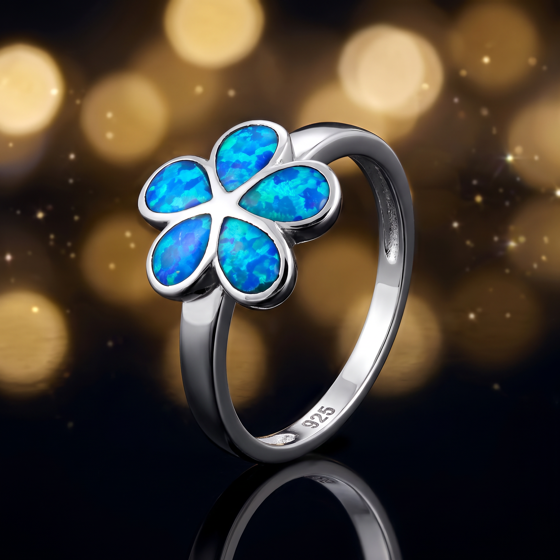 Sterling Silver Plumeria Lab Opal Ring close-up