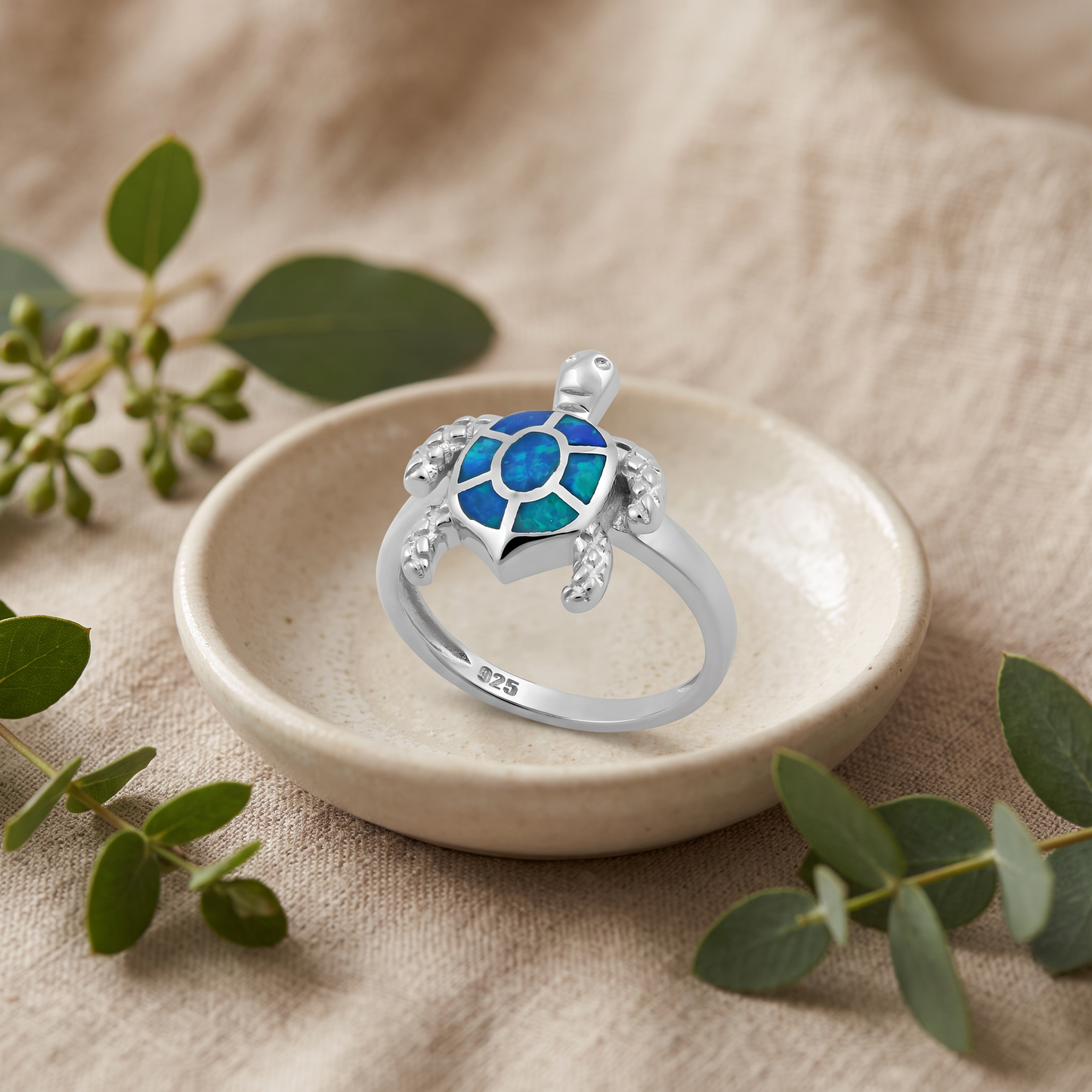 Sterling Silver Turtle Blue Lab Opal Ring styled