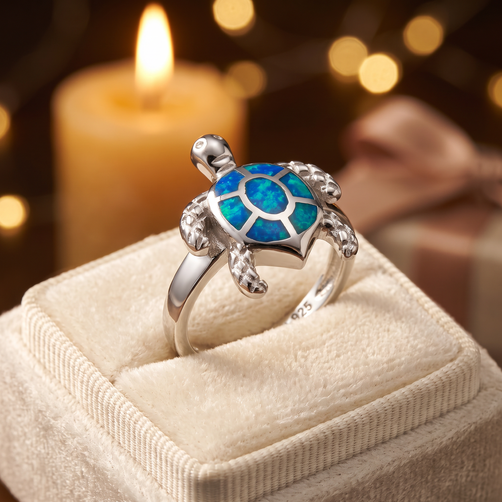 Sterling Silver Turtle Blue Lab Opal Ring gift box