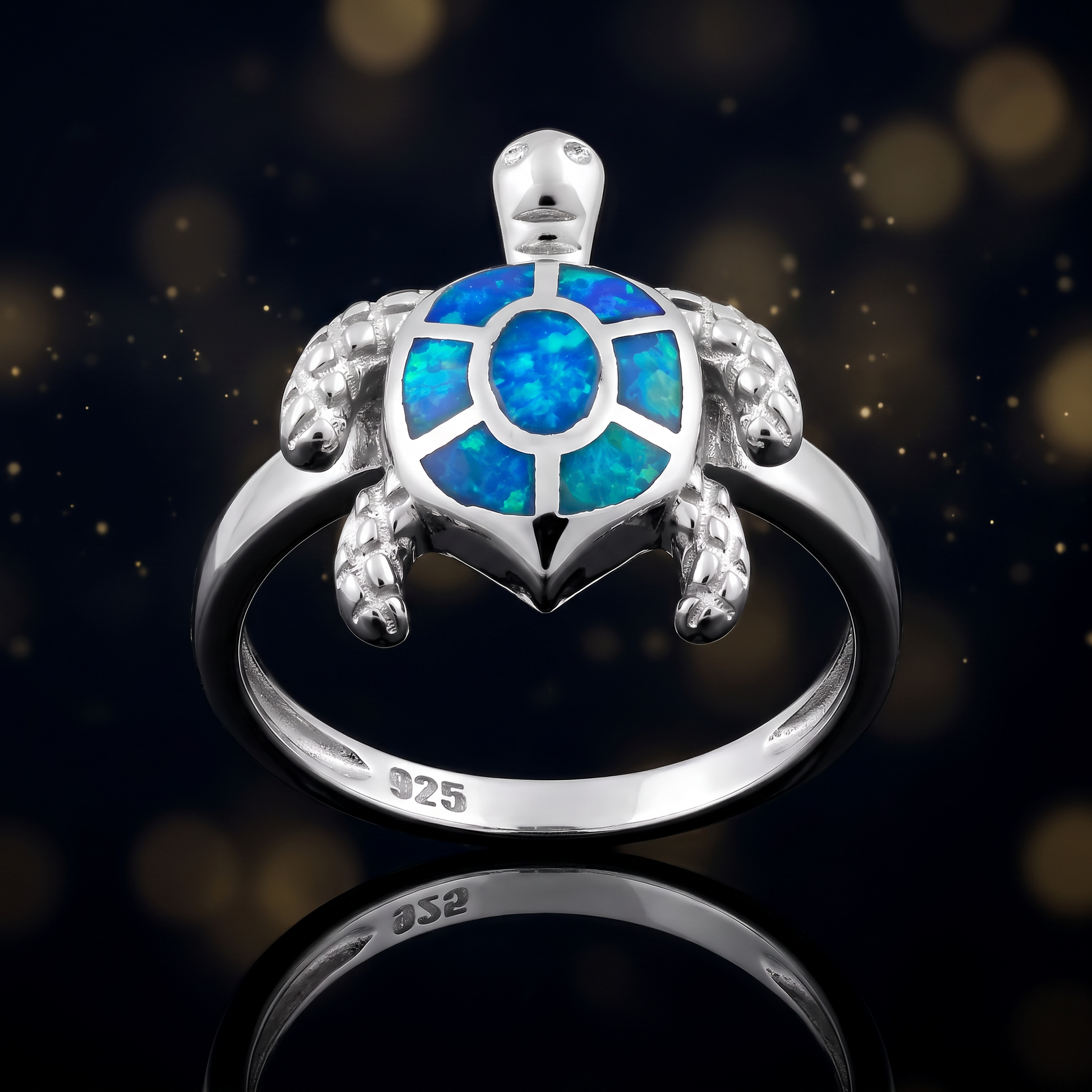 Sterling Silver Turtle Blue Lab Opal Ring close-up