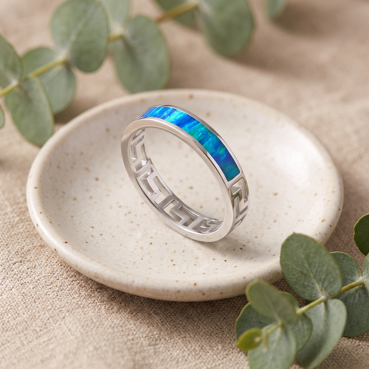 Sterling Silver Greek Blue Lab Opal Band Ring styled