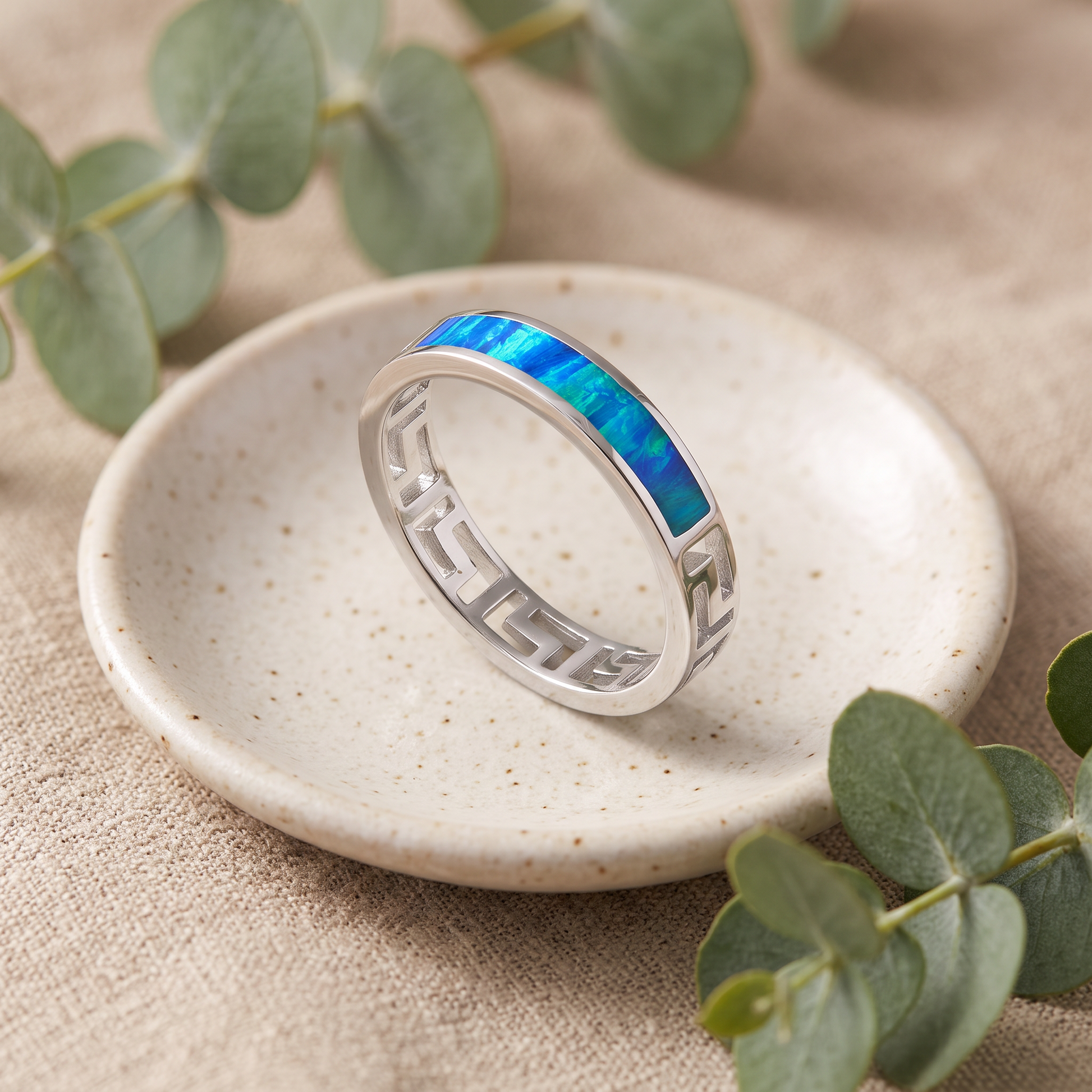 Sterling Silver Greek Blue Lab Opal Band Ring styled