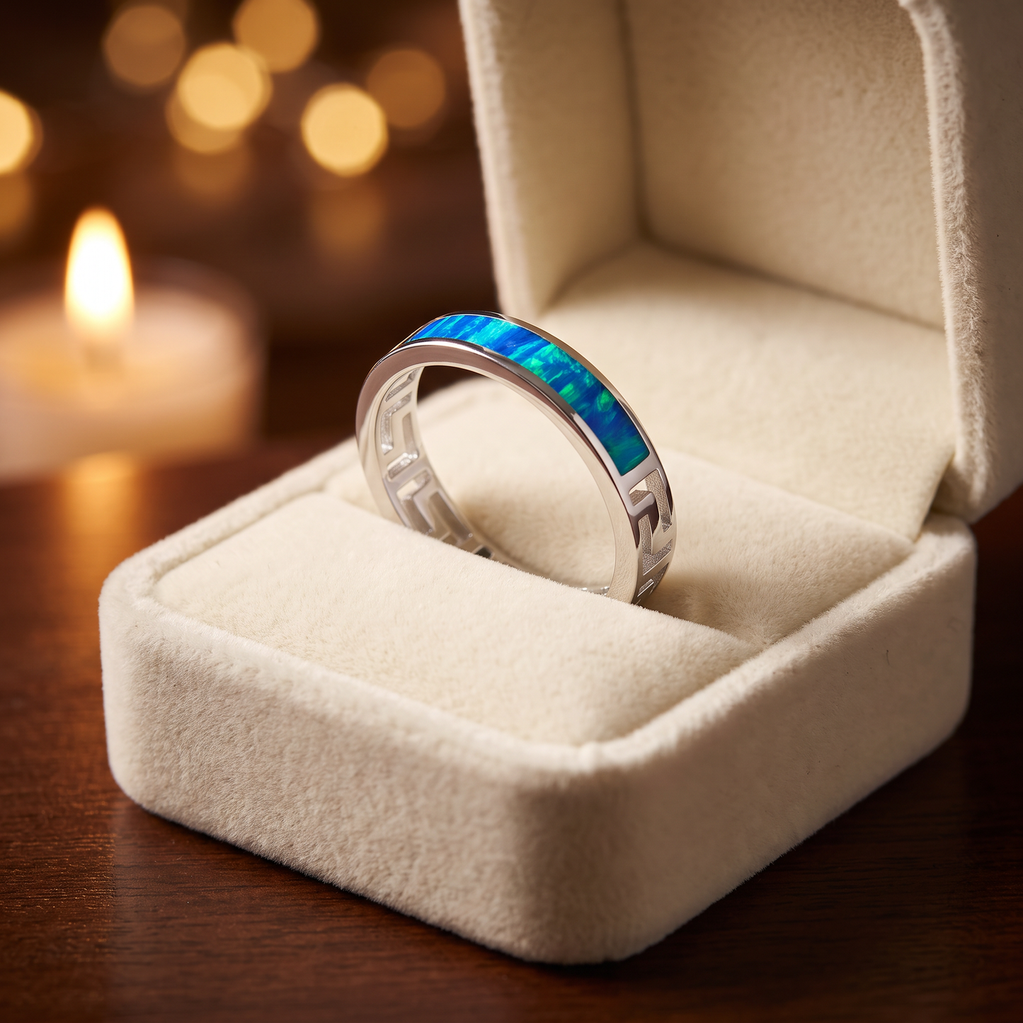 Sterling Silver Greek Blue Lab Opal Band Ring gift box