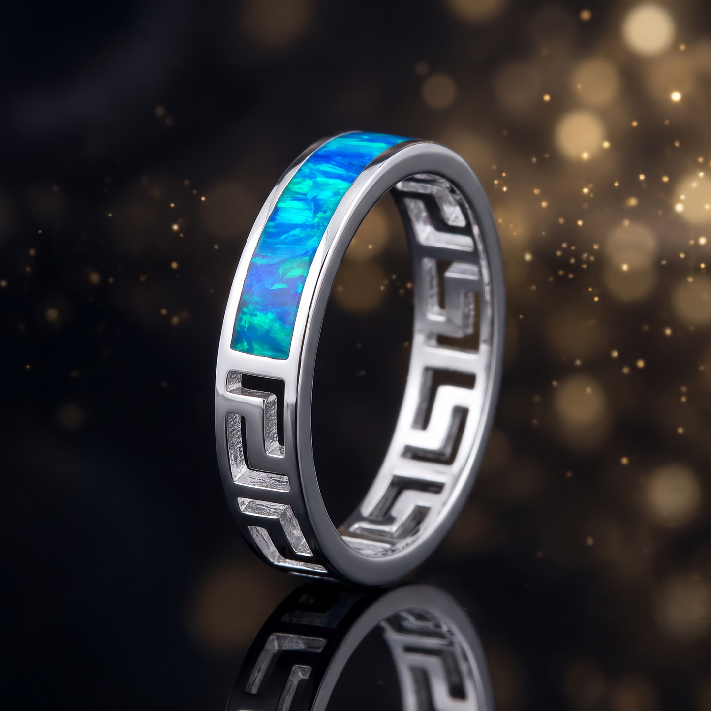Sterling Silver Greek Blue Lab Opal Band Ring close-up