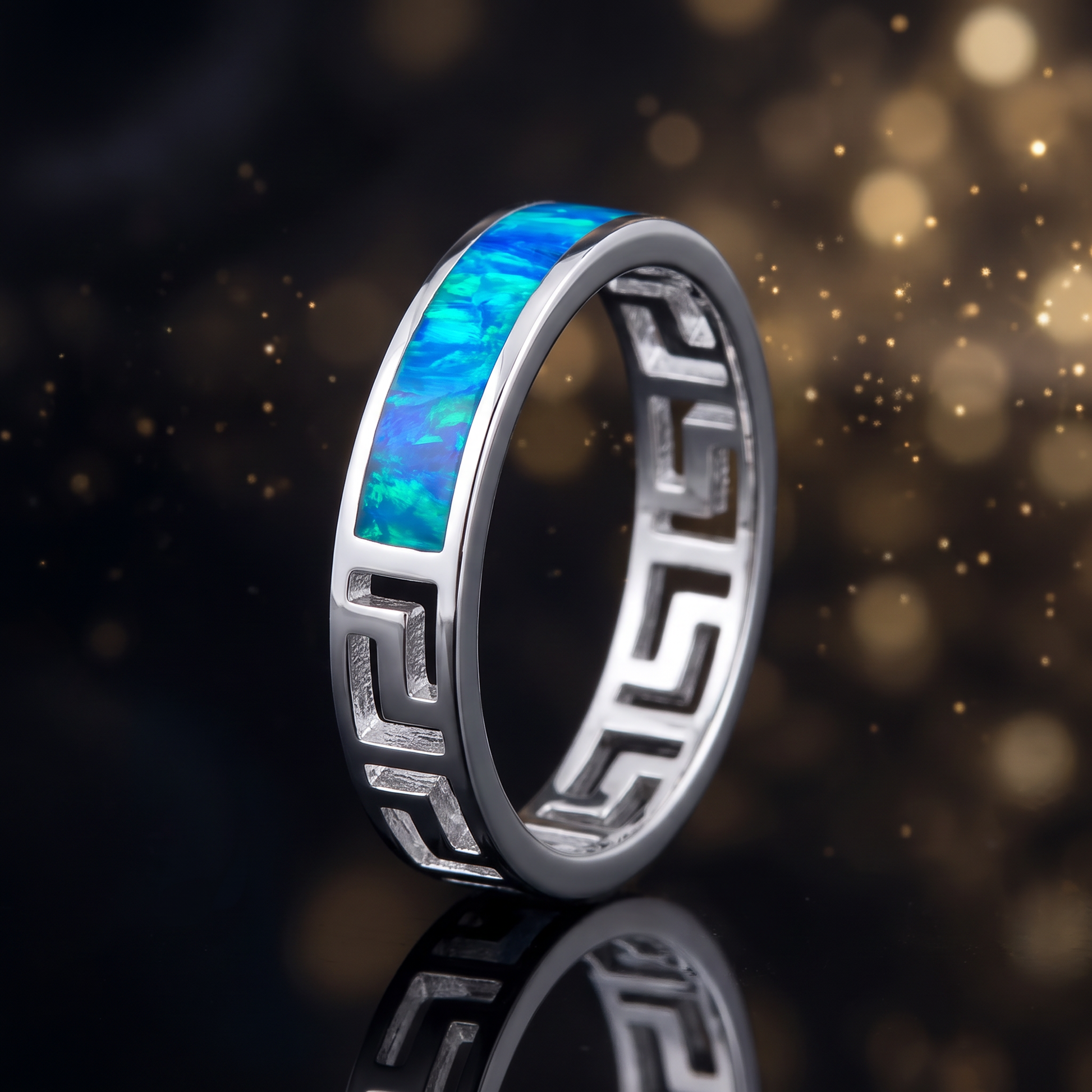 Sterling Silver Greek Blue Lab Opal Band Ring close-up