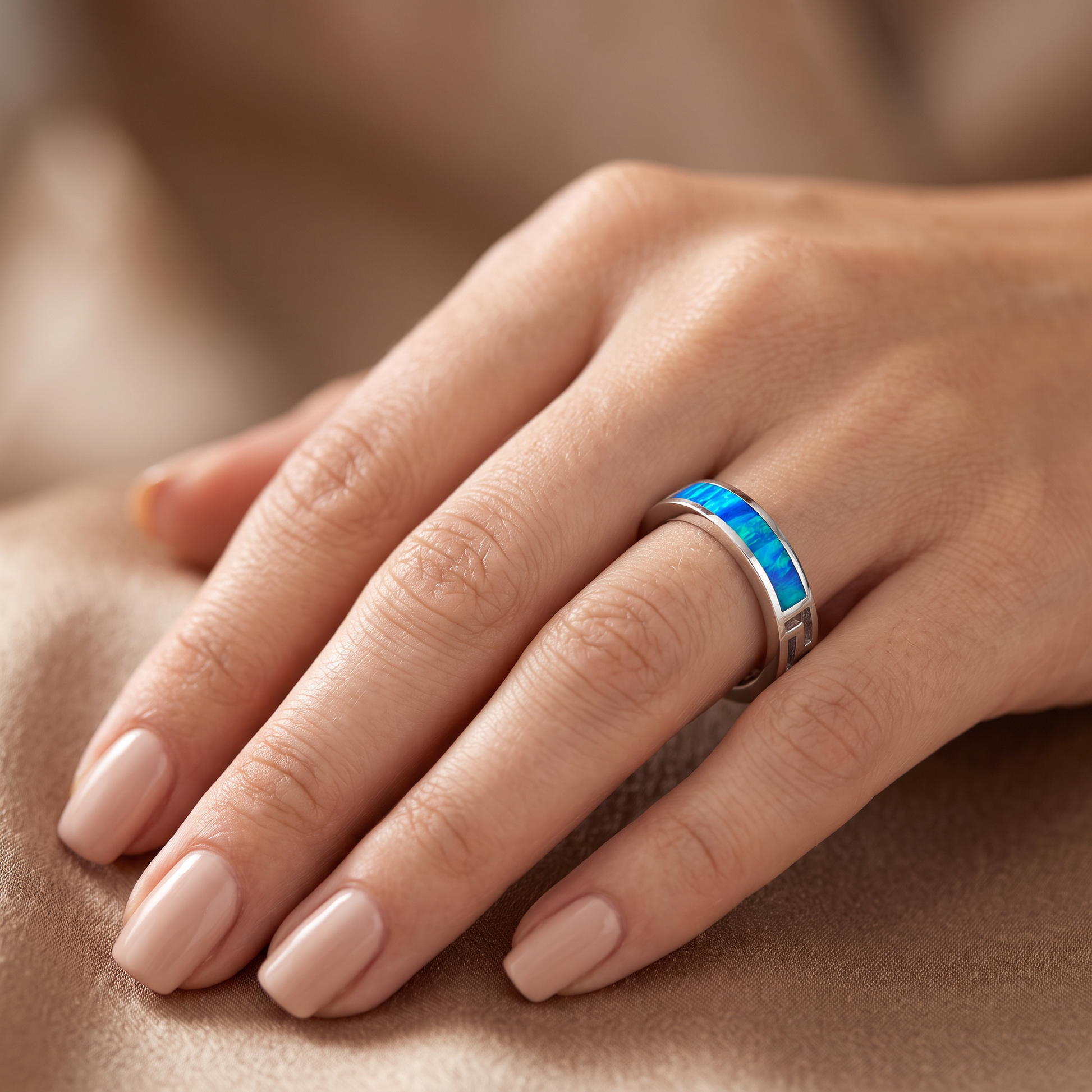 Sterling Silver Greek Blue Lab Opal Band Ring worn on hand
