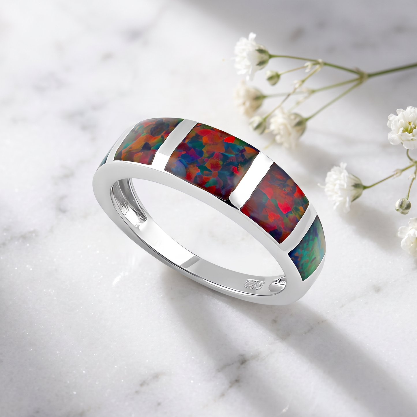 Sterling Silver 5 Bar Black Lab Opal Ring on marble