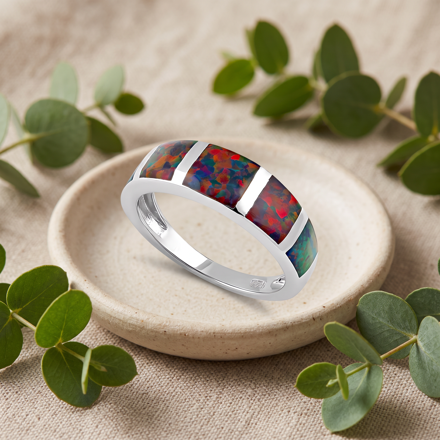 Sterling Silver 5 Bar Black Lab Opal Ring styled