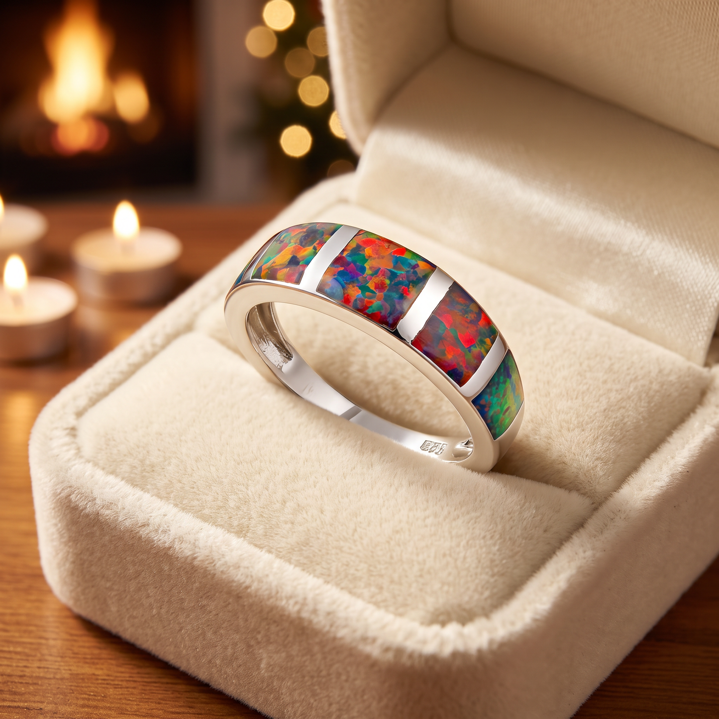 Sterling Silver 5 Bar Black Lab Opal Ring gift box